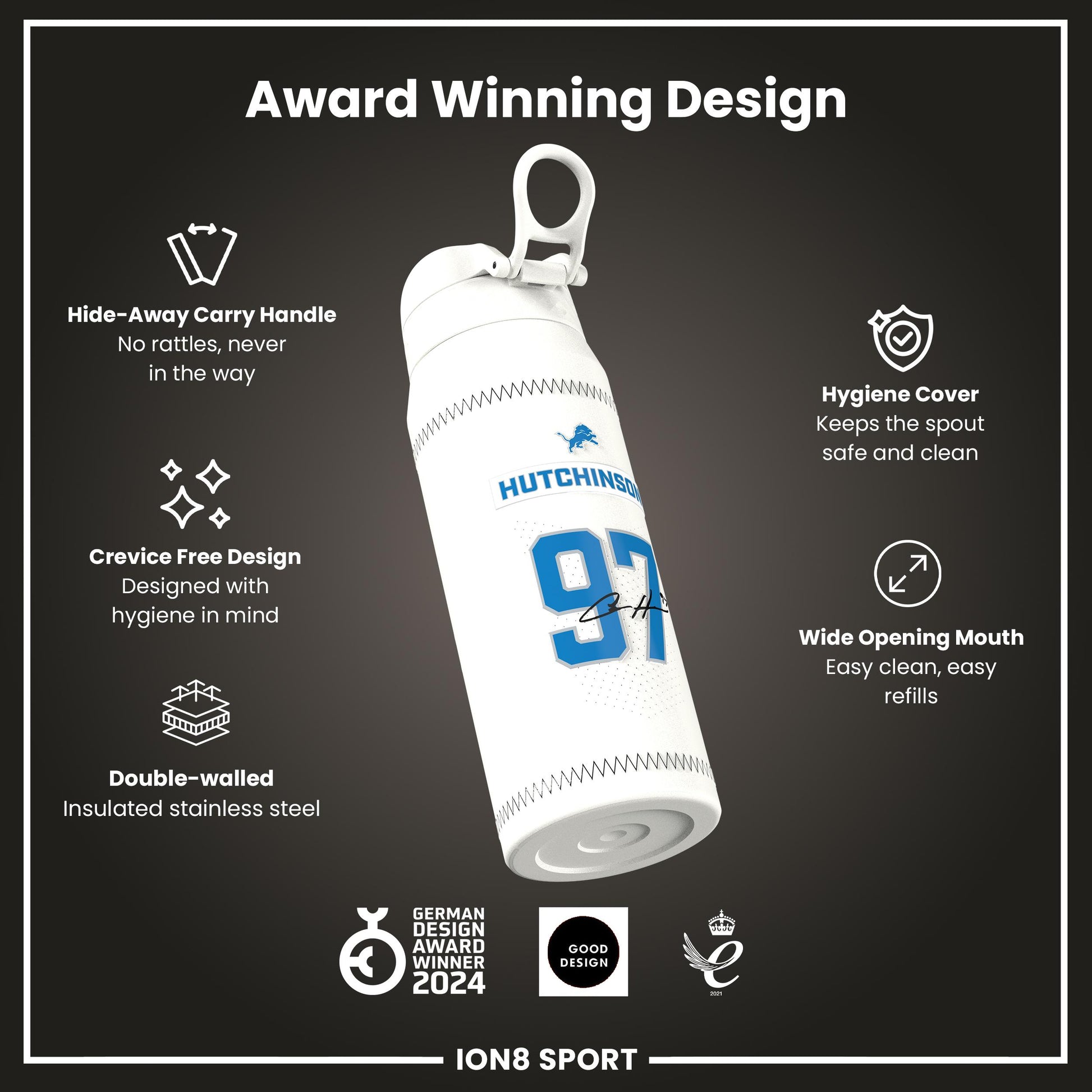 NFL x Ion8 Sports, Insulated Bottle, GameDay Series, Hutchinson Lions, 750ml (24oz)