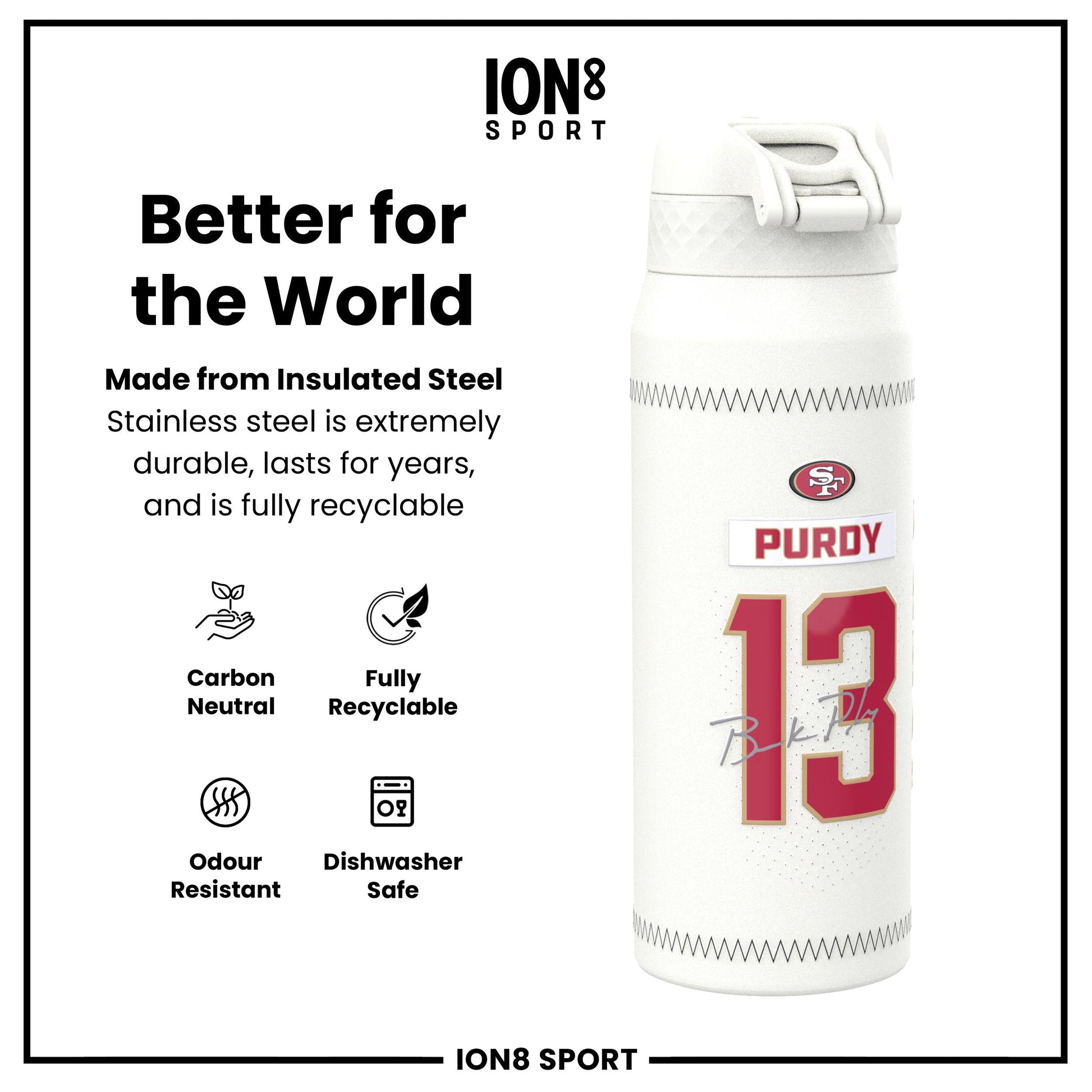 NFL x Ion8 Sports, Insulated Bottle, GameDay Series, Purdy 49ers, 750ml (24oz)