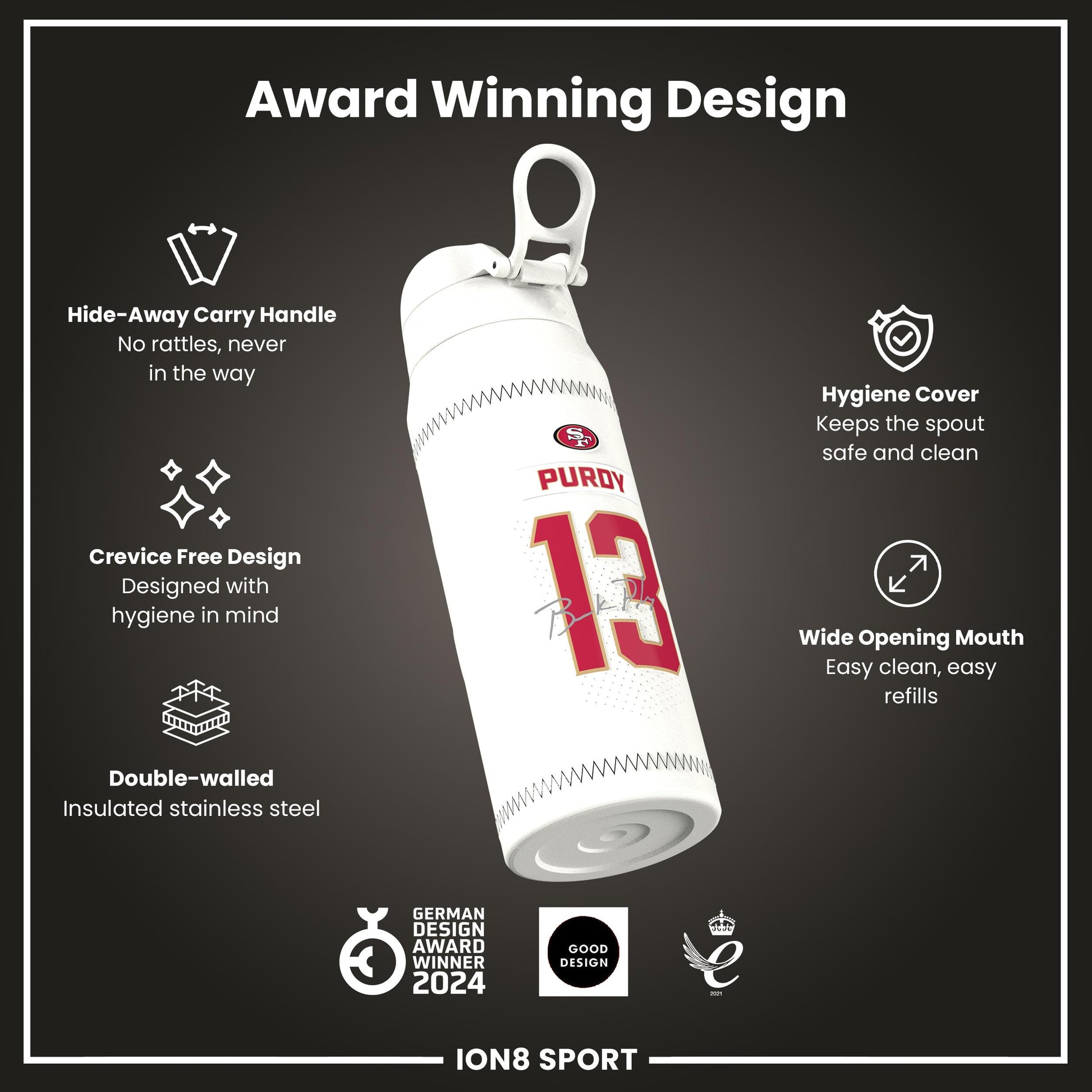 NFL x Ion8 Sports, Insulated Bottle, GameDay Series, Purdy 49ers, 750ml (24oz)