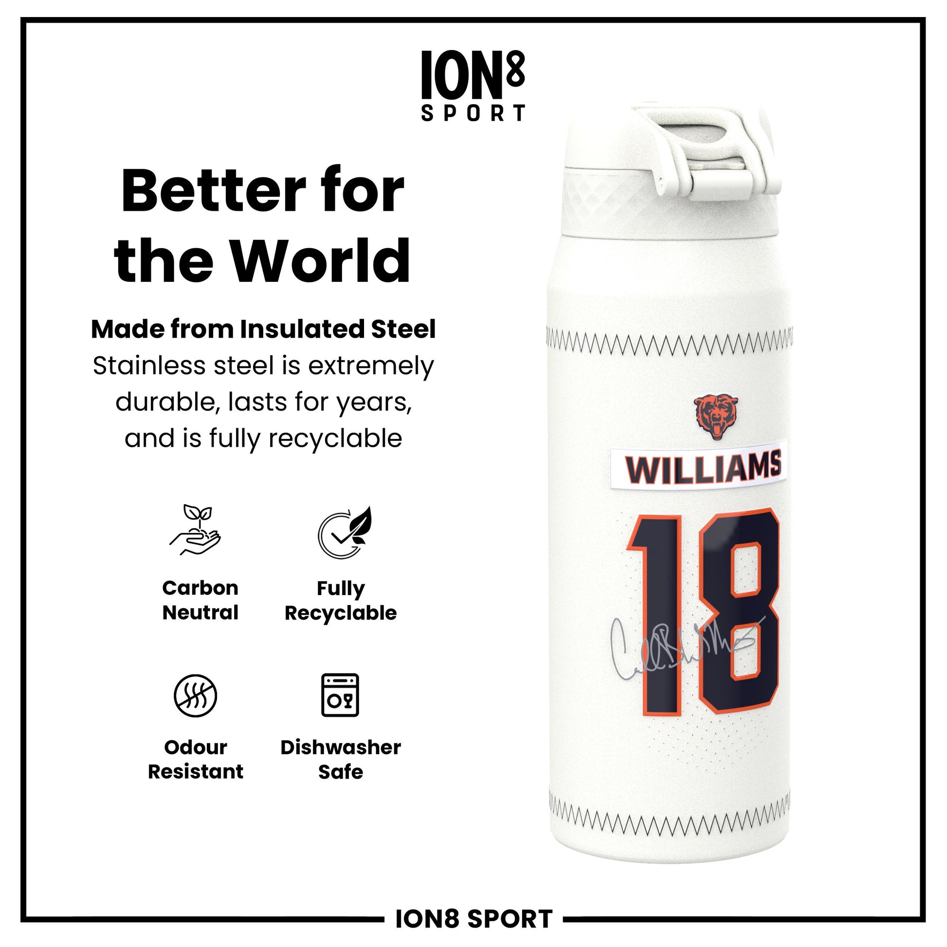 NFL x Ion8 Sports, Insulated Bottle, GameDay Series, Williams Bears, 750ml (24oz)