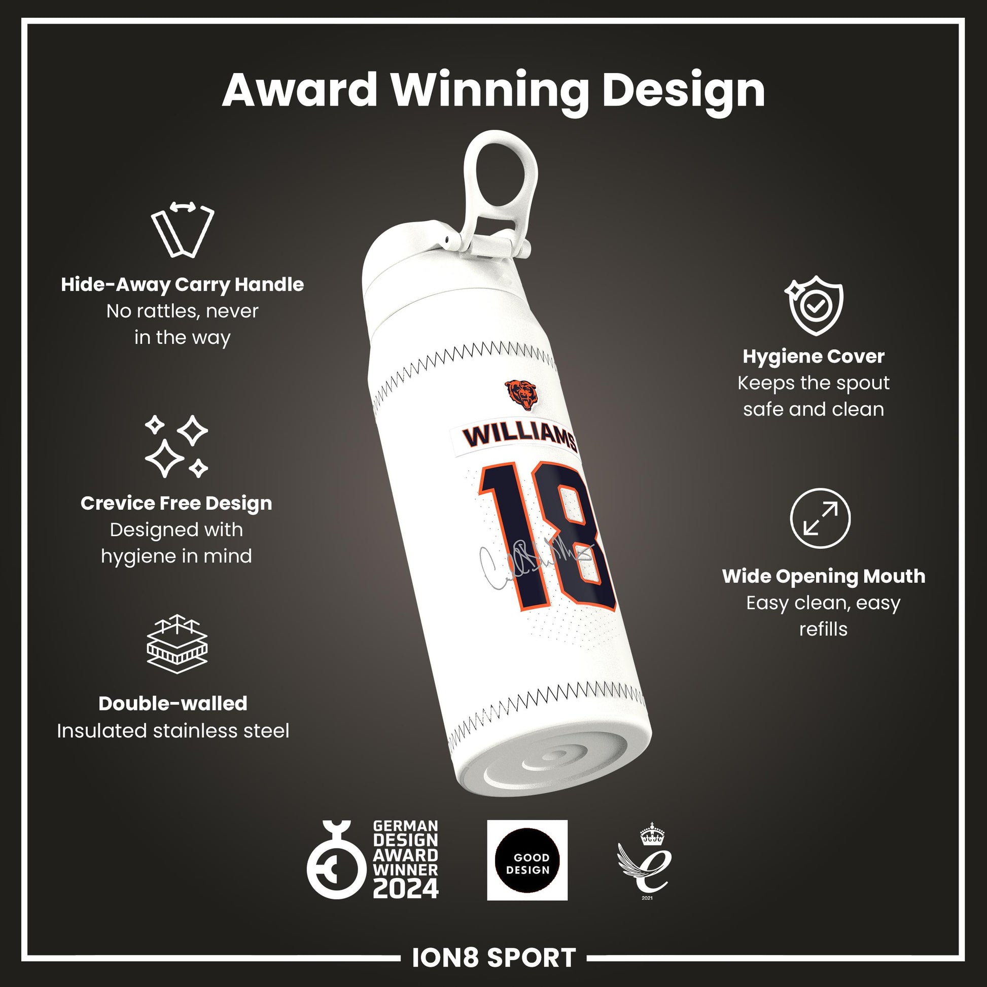 NFL x Ion8 Sports, Insulated Bottle, GameDay Series, Williams Bears, 750ml (24oz)
