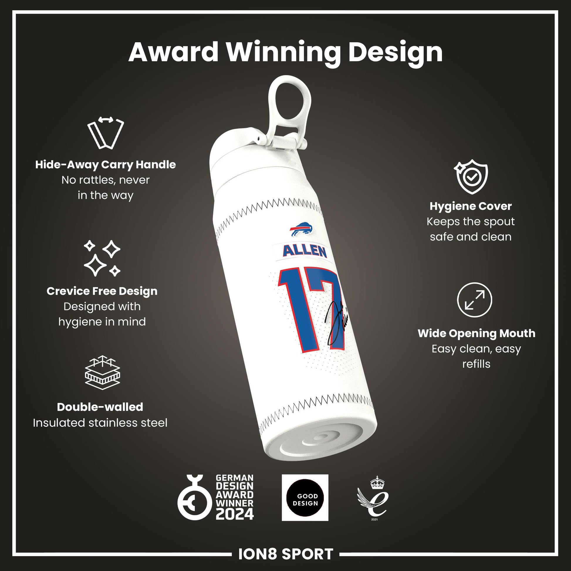 NFL x Ion8 Sports, Insulated Bottle, GameDay Series, Allen Bills, 750ml (24oz)