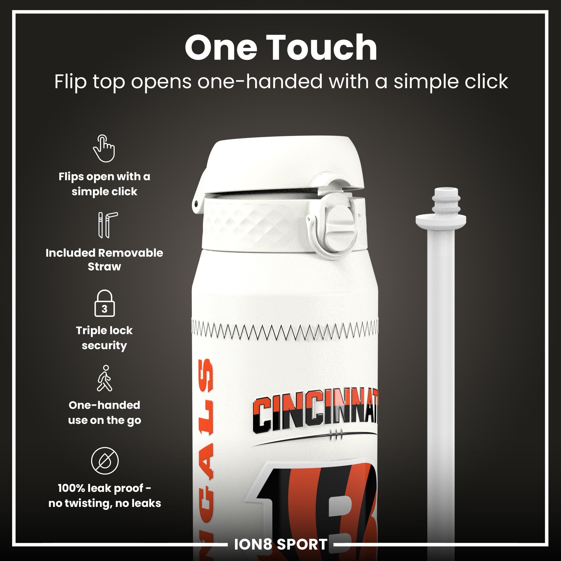 NFL x Ion8 Sports, Insulated Bottle, GameDay Series, Burrow Bengals, 750ml (24oz)
