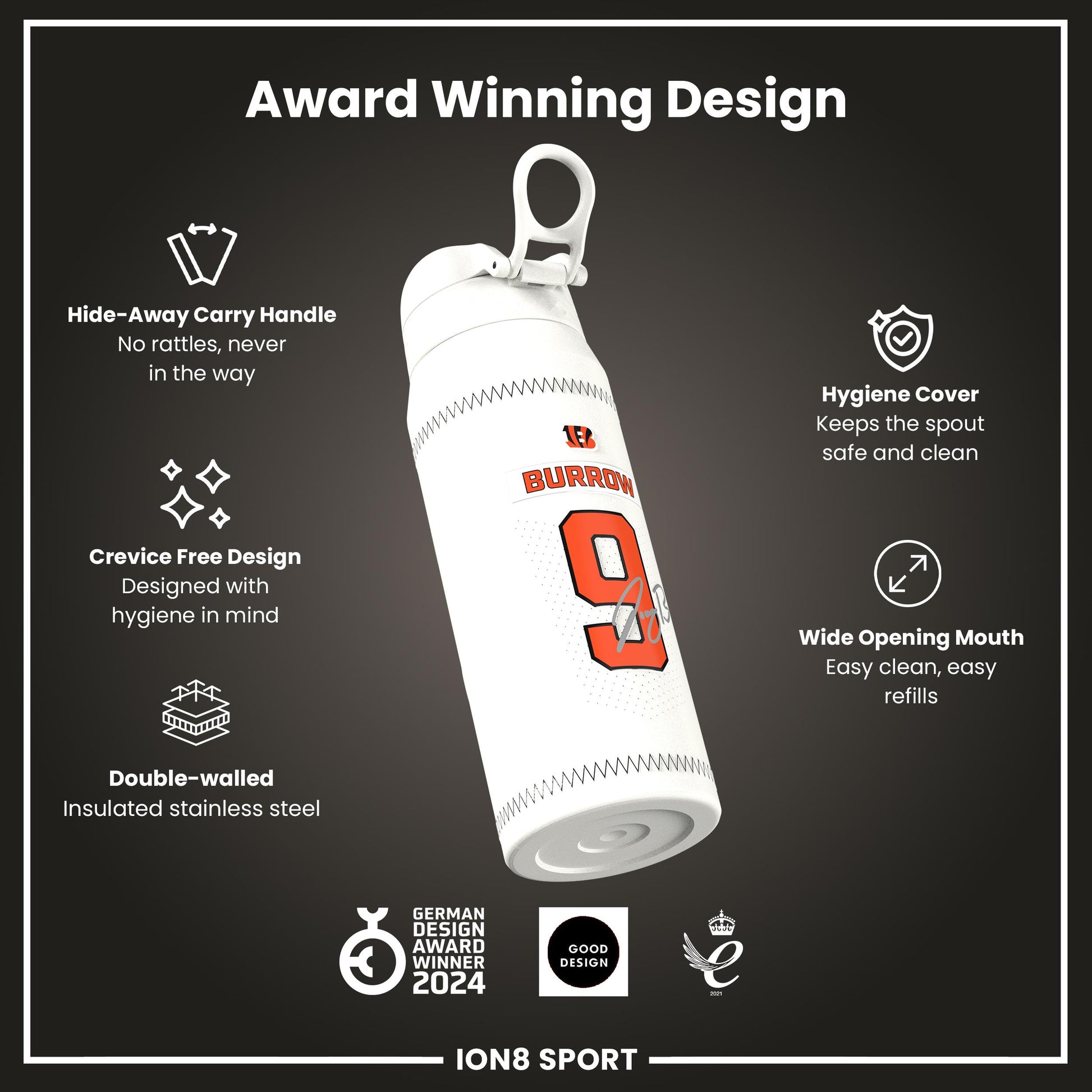 NFL x Ion8 Sports, Insulated Bottle, GameDay Series, Burrow Bengals, 750ml (24oz)