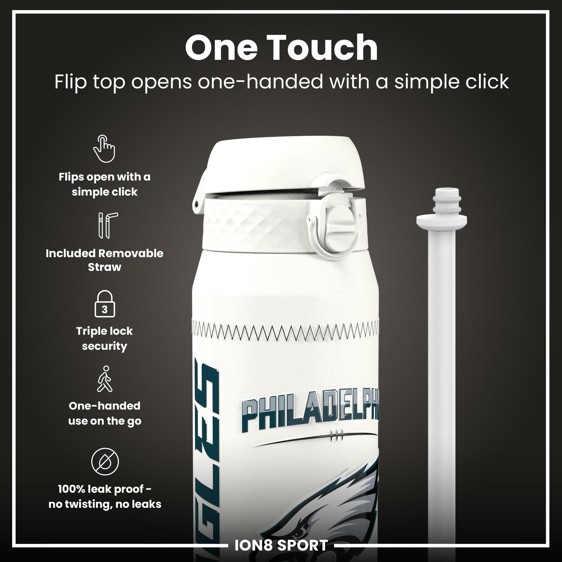 NFL x Ion8 Sports, Insulated Bottle, GameDay Series, Hurts Eagles, 750ml (24oz)