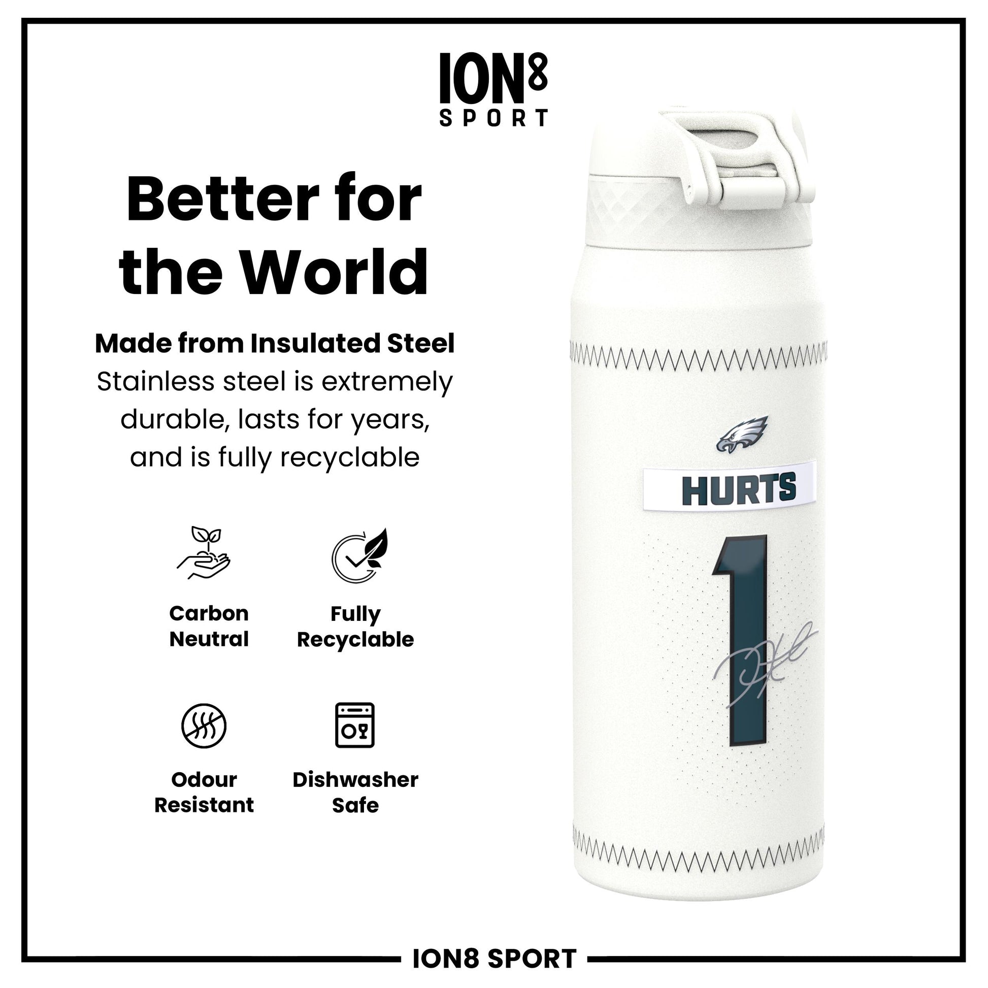 NFL x Ion8 Sports, Insulated Bottle, GameDay Series, Hurts Eagles, 750ml (24oz)