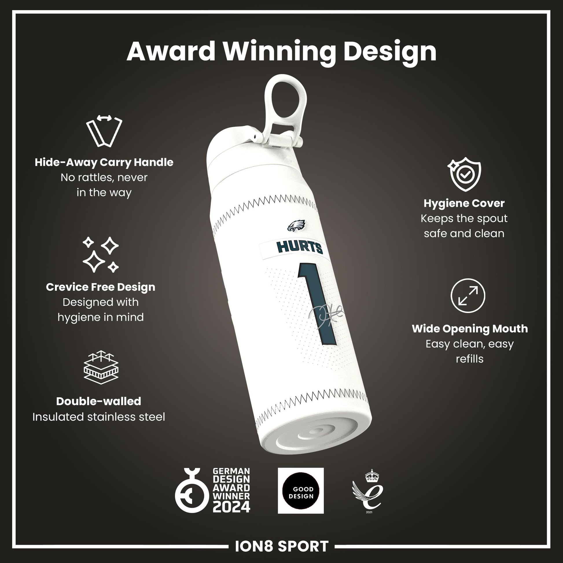 NFL x Ion8 Sports, Insulated Bottle, GameDay Series, Hurts Eagles, 750ml (24oz)