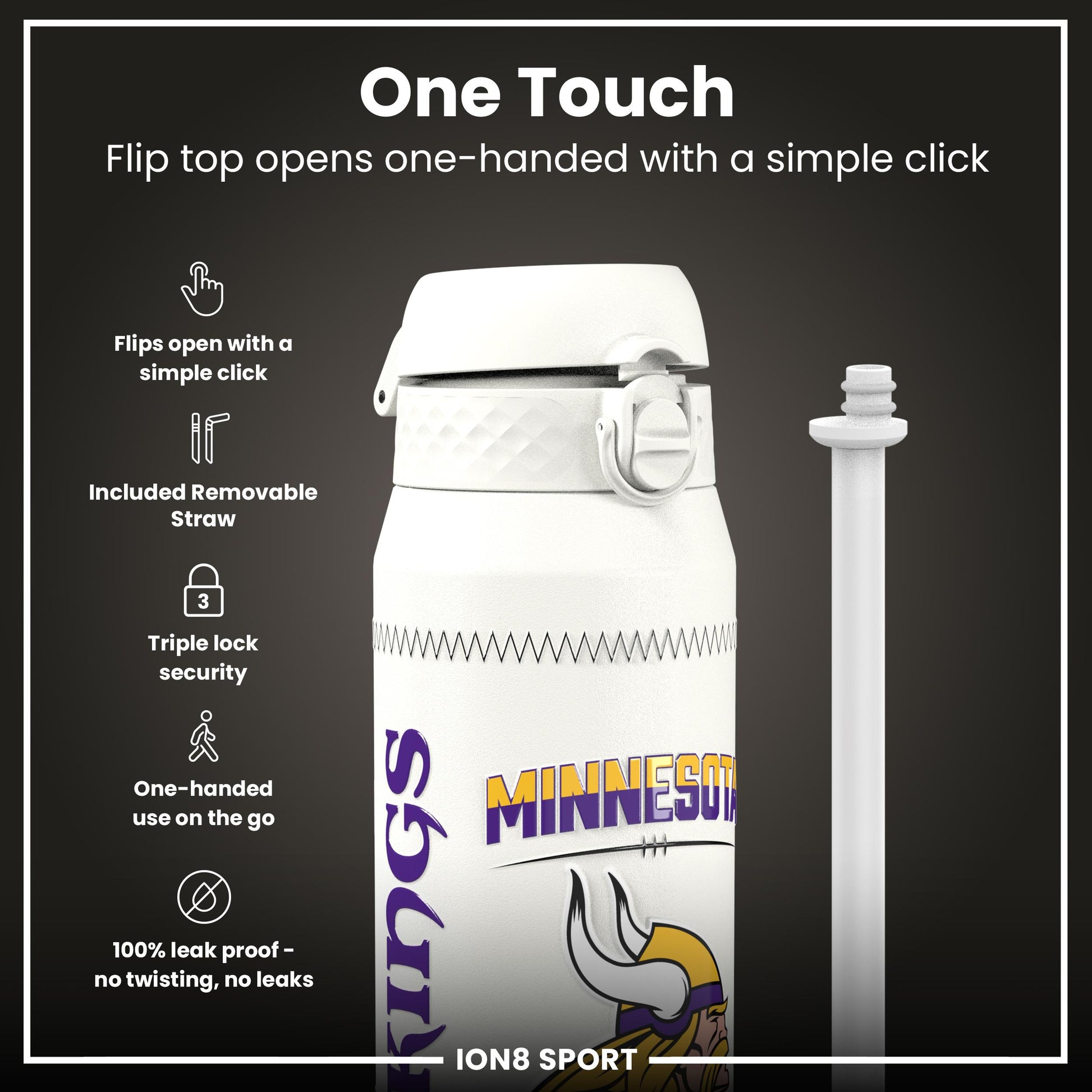 NFL x Ion8 Sports, Insulated Bottle, GameDay Series, Jefferson Vikings, 750ml (24oz)
