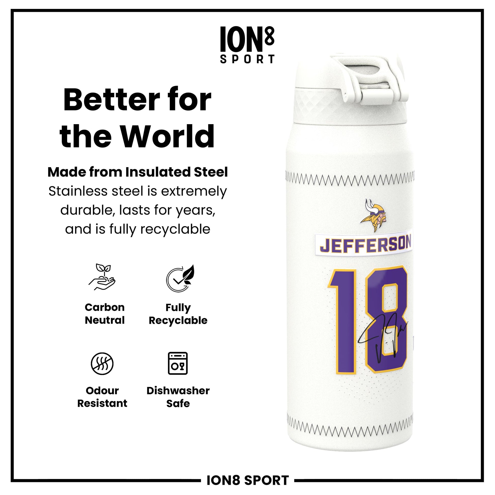 NFL x Ion8 Sports, Insulated Bottle, GameDay Series, Jefferson Vikings, 750ml (24oz)
