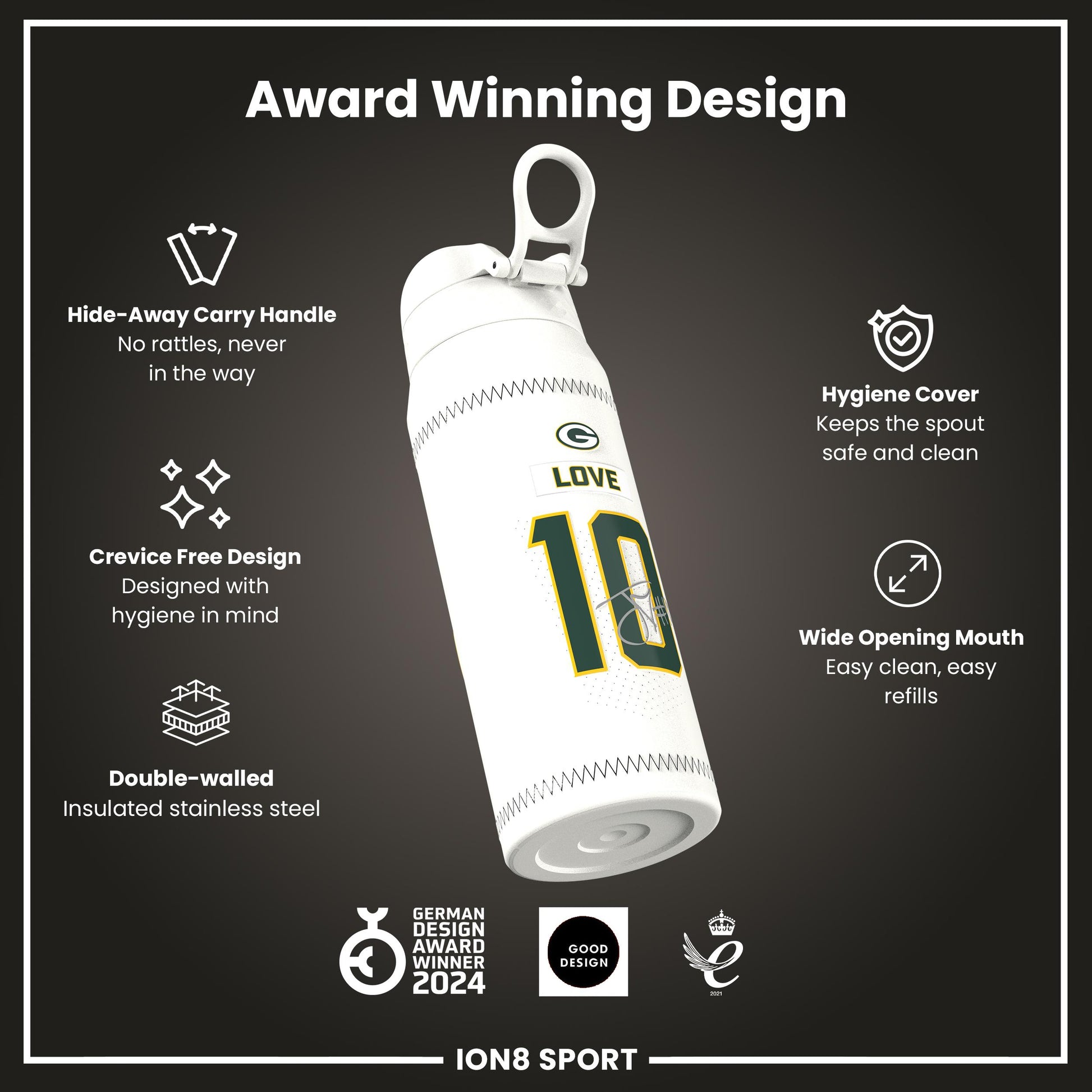 NFL x Ion8 Sports, Insulated Bottle, GameDay Series, Love Packers, 750ml (24oz)