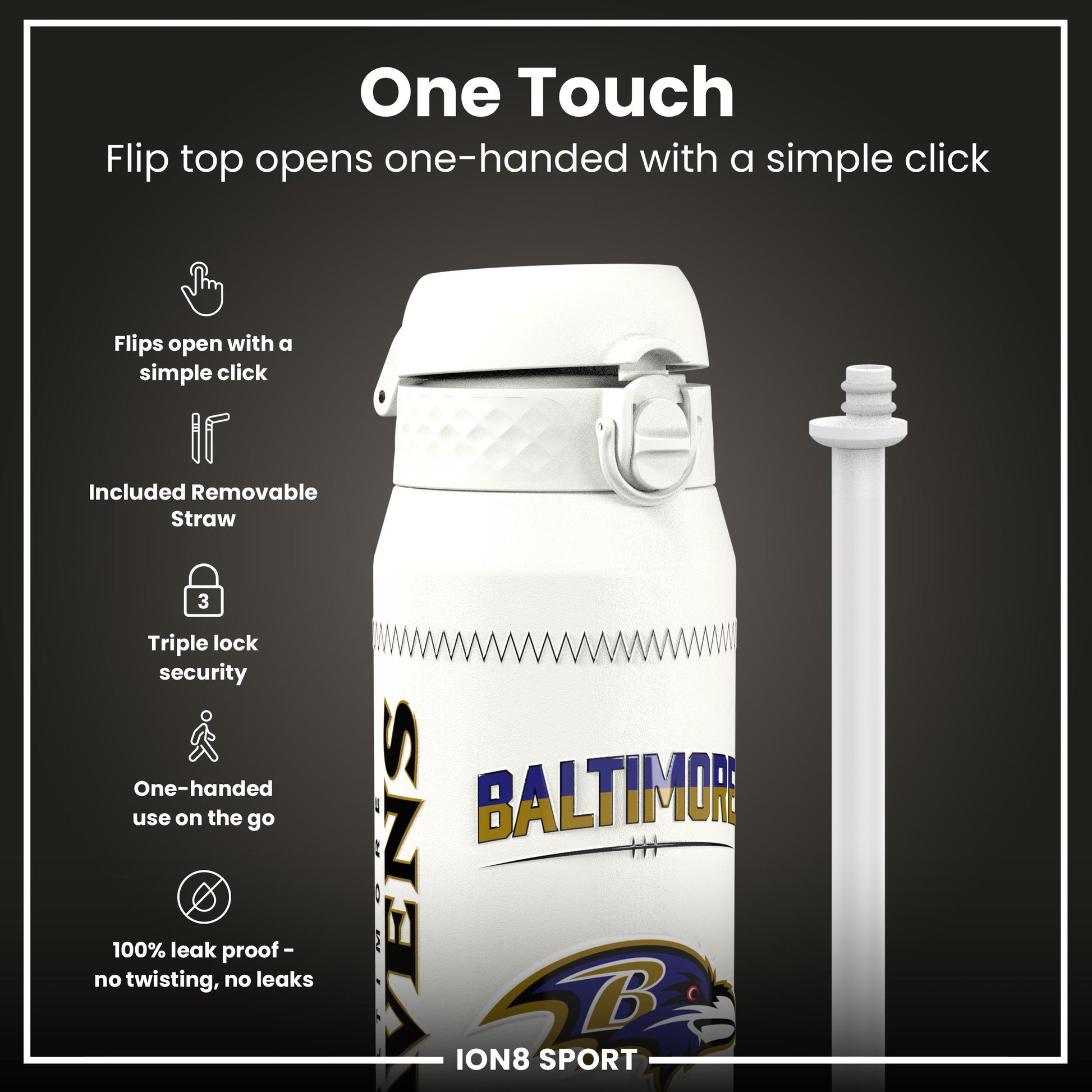 NFL x Ion8 Sports, Insulated Bottle, GameDay Series, Lamar Ravens, 750ml (24oz)