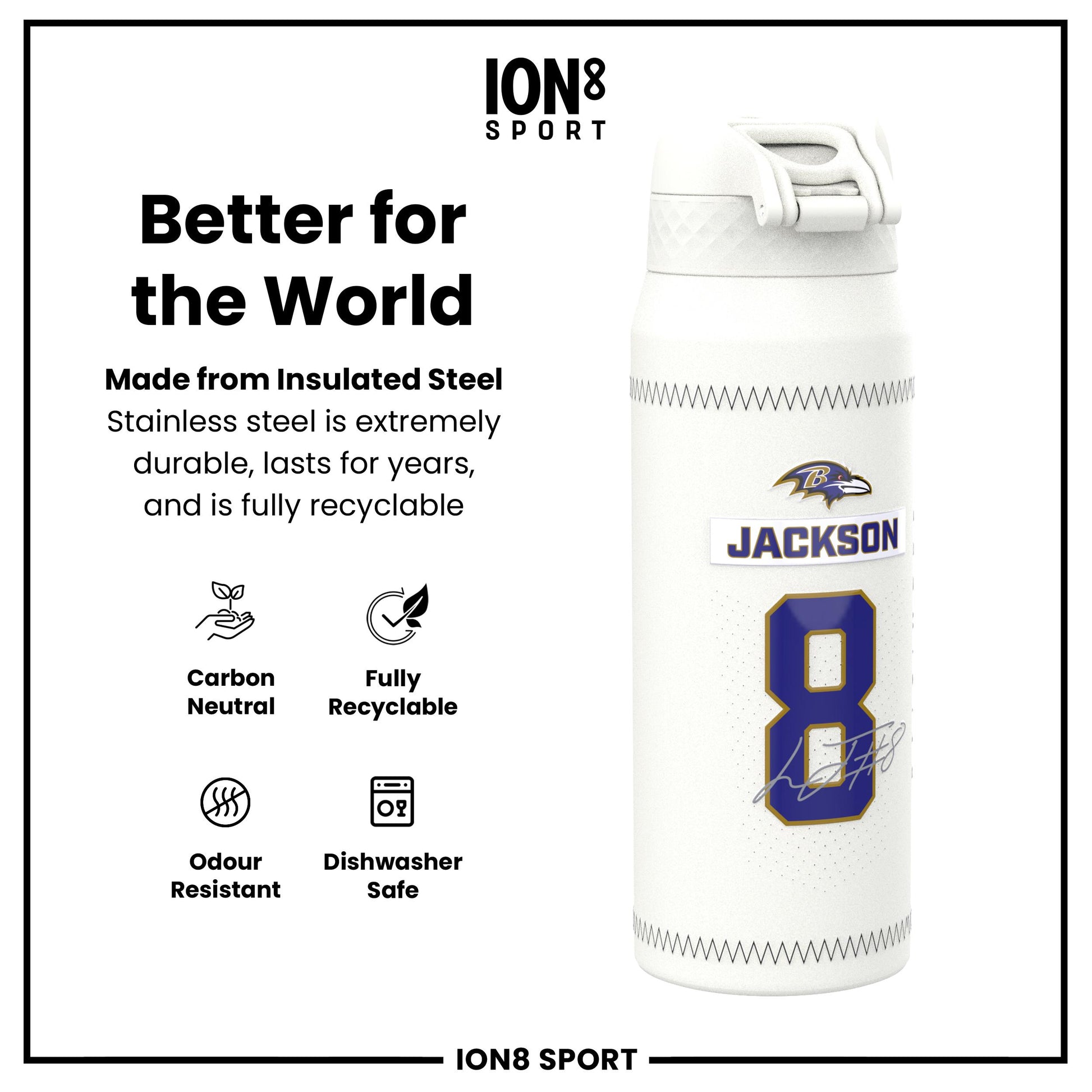 NFL x Ion8 Sports, Insulated Bottle, GameDay Series, Lamar Ravens, 750ml (24oz)