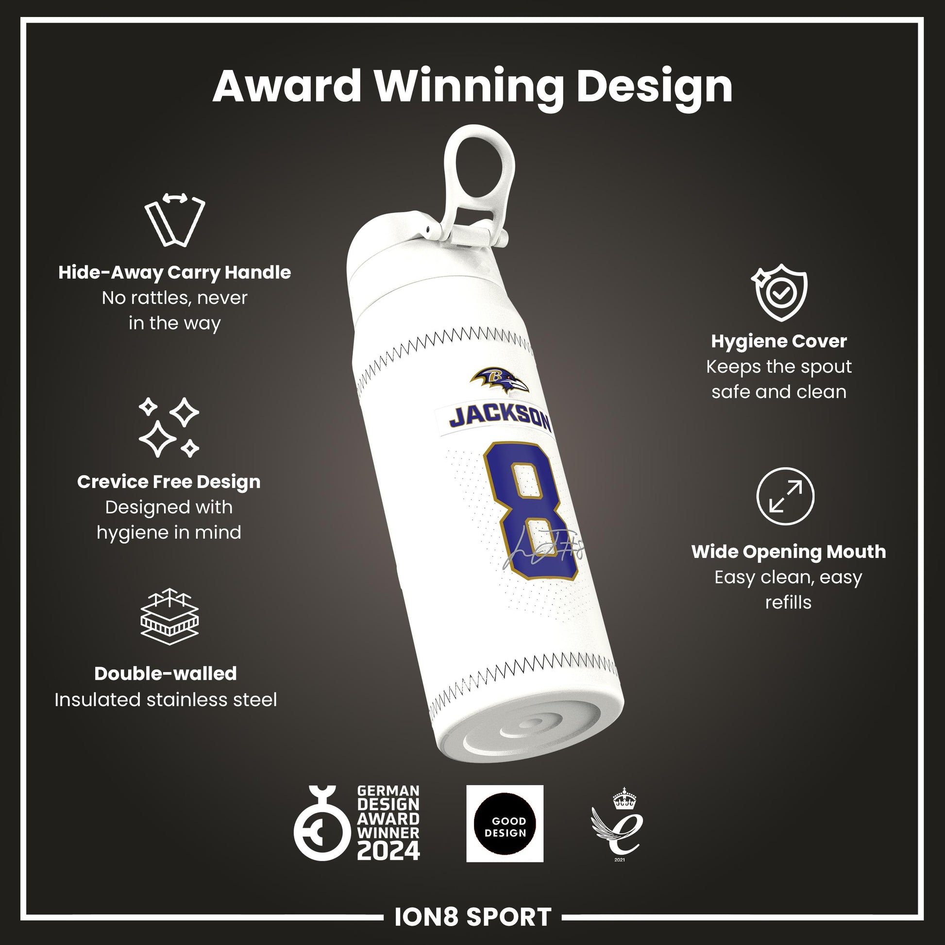 NFL x Ion8 Sports, Insulated Bottle, GameDay Series, Lamar Ravens, 750ml (24oz)