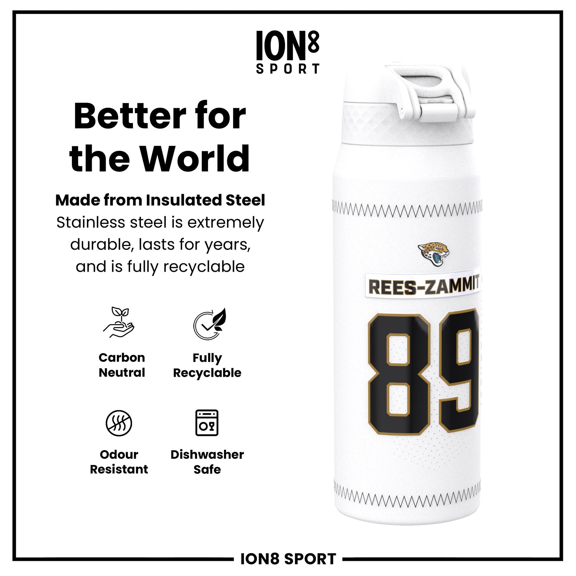 NFL x Ion8 Sports, Insulated Bottle, GameDay Series, Zammit Jaguars, 750ml (24oz)