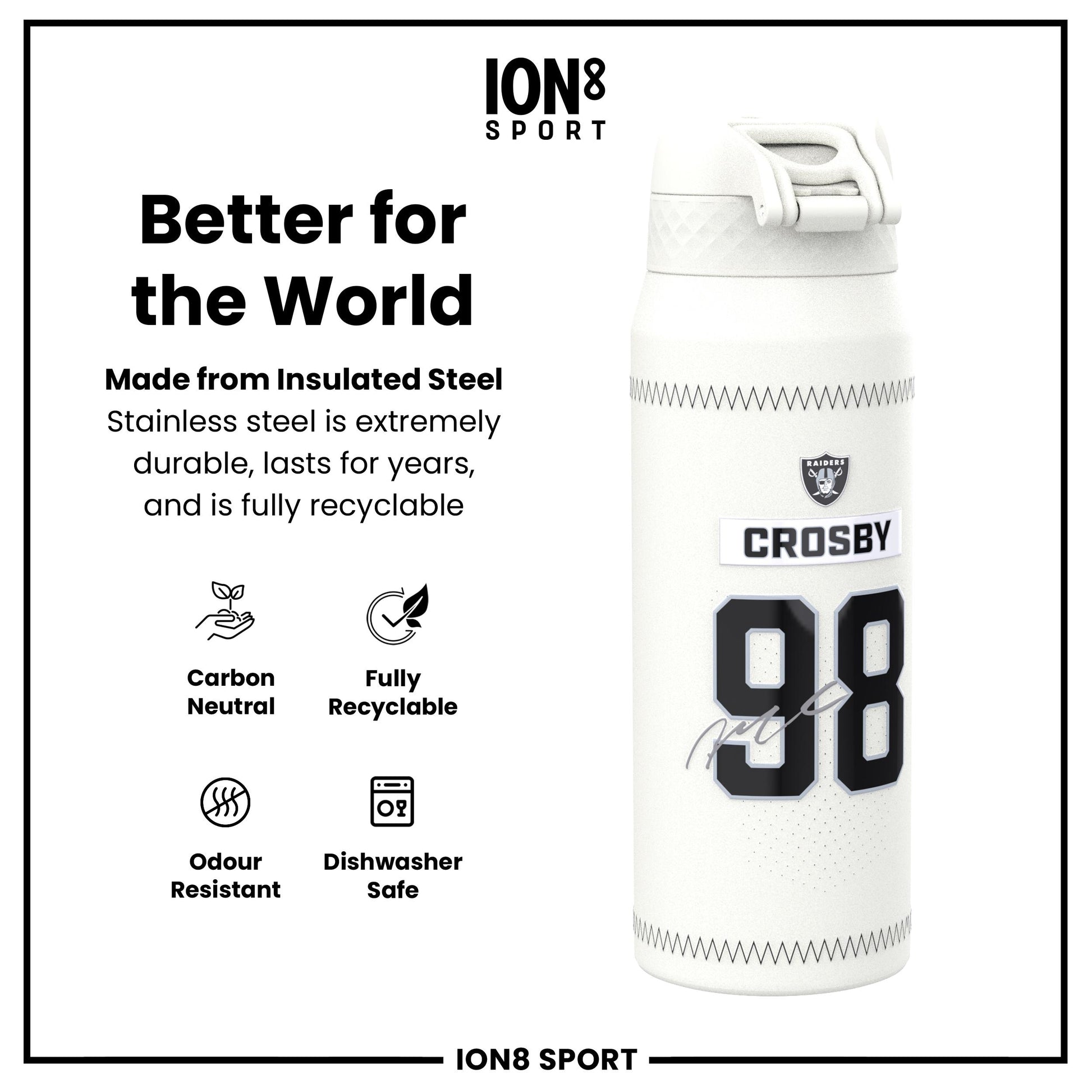 NFL x Ion8 Sports, Insulated Bottle, GameDay Series, Crosby Raiders, 750ml (24oz)