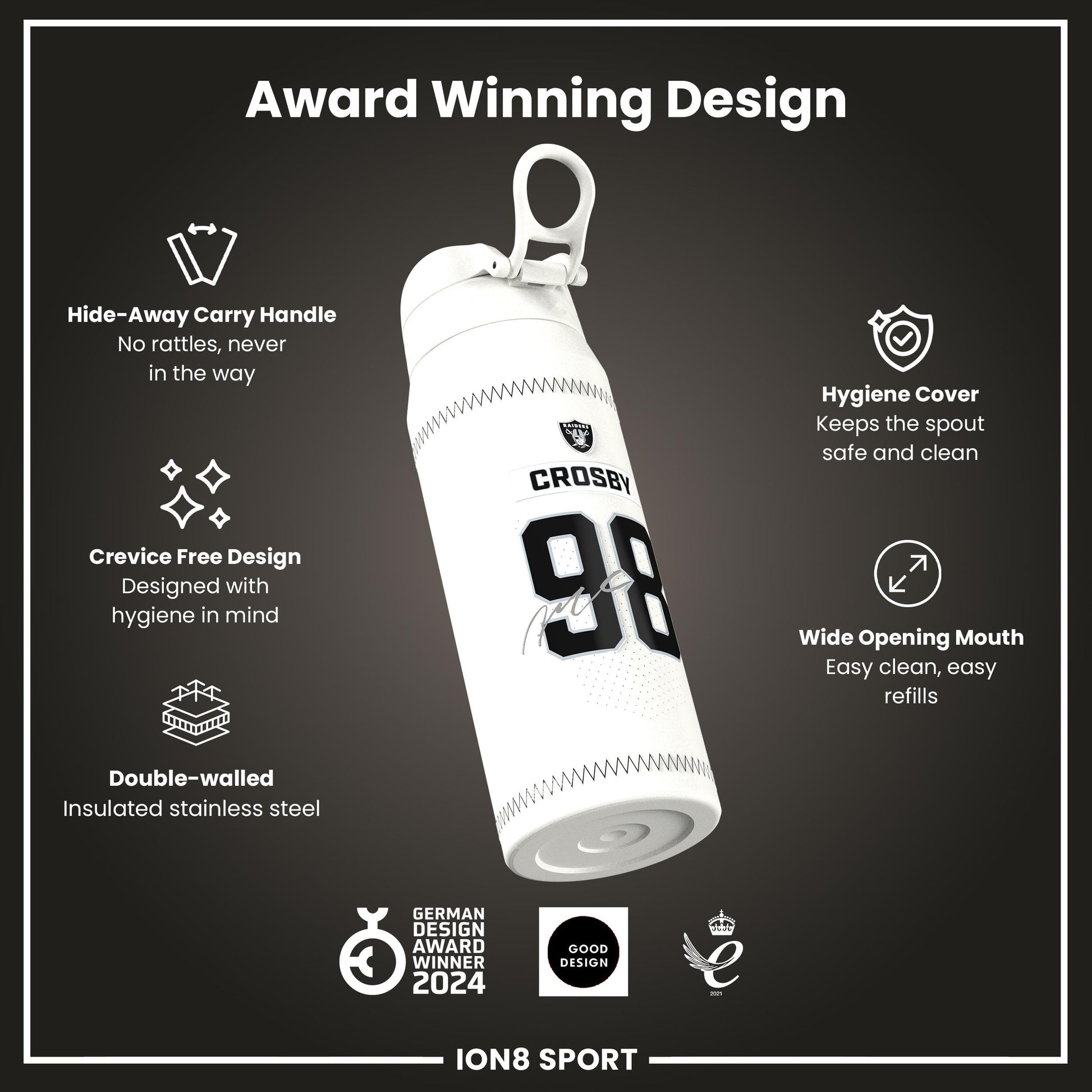 NFL x Ion8 Sports, Insulated Bottle, GameDay Series, Crosby Raiders, 750ml (24oz)