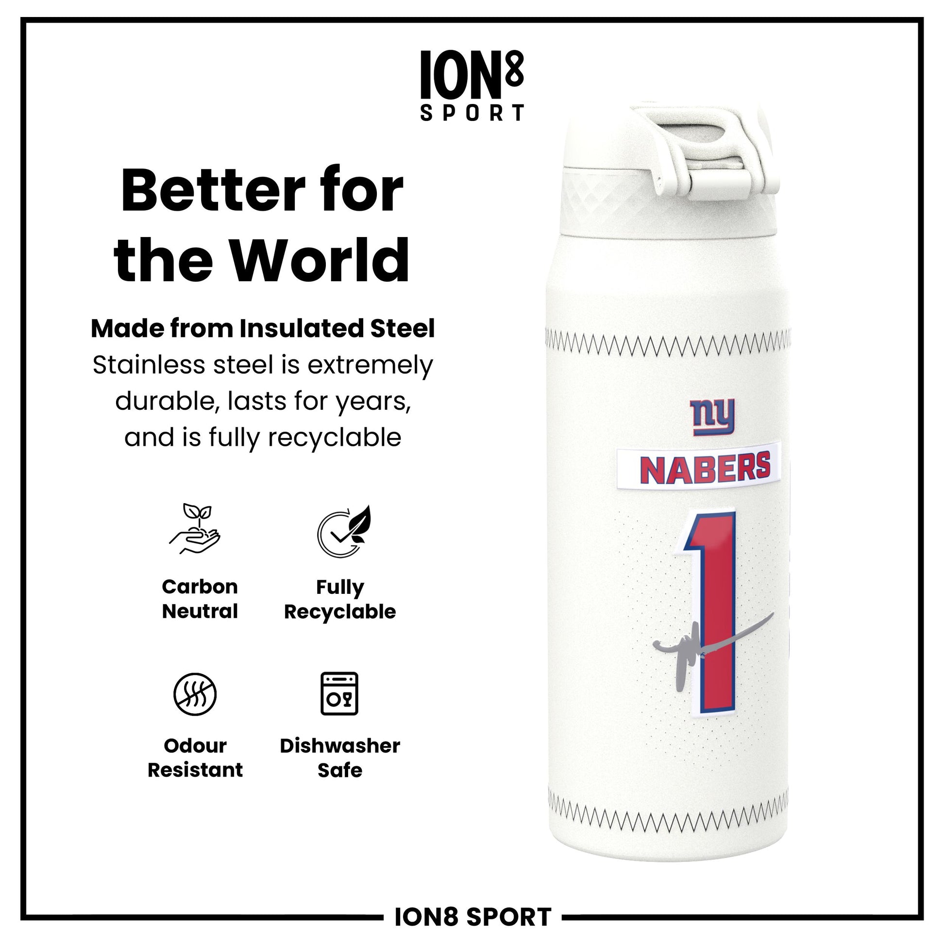 NFL x Ion8 Sports, Insulated Bottle, GameDay Series, Nabers Giants, 750ml (24oz)