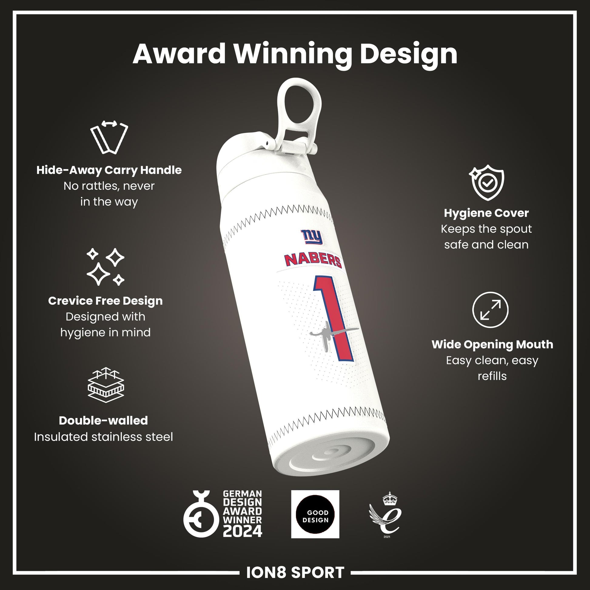 NFL x Ion8 Sports, Insulated Bottle, GameDay Series, Nabers Giants, 750ml (24oz)