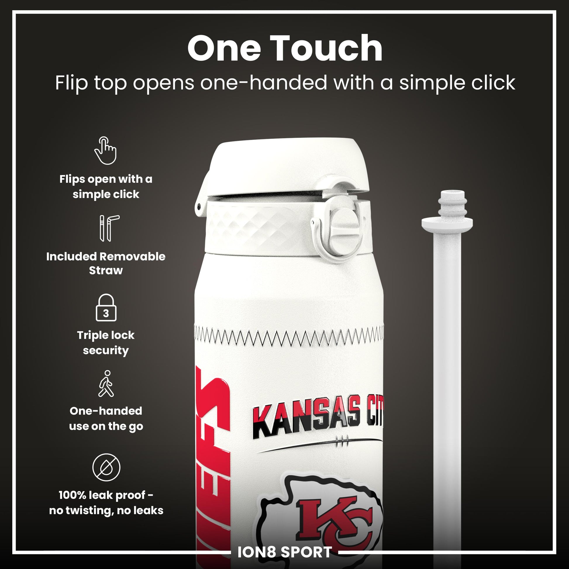 NFL x Ion8 Sports, Insulated Bottle, GameDay Series, Mahomes Chiefs, 750ml (24oz)