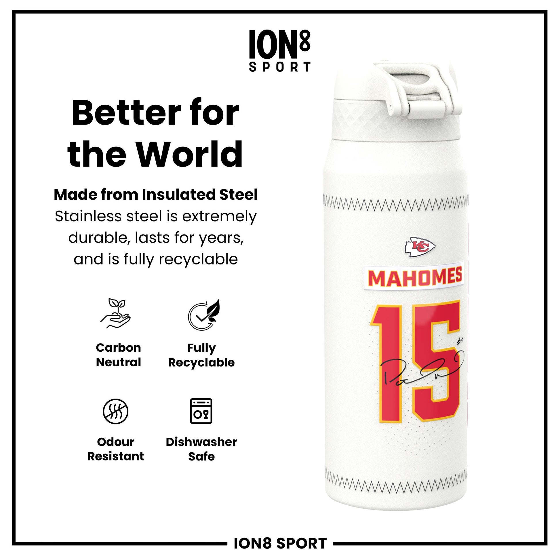 NFL x Ion8 Sports, Insulated Bottle, GameDay Series, Mahomes Chiefs, 750ml (24oz)