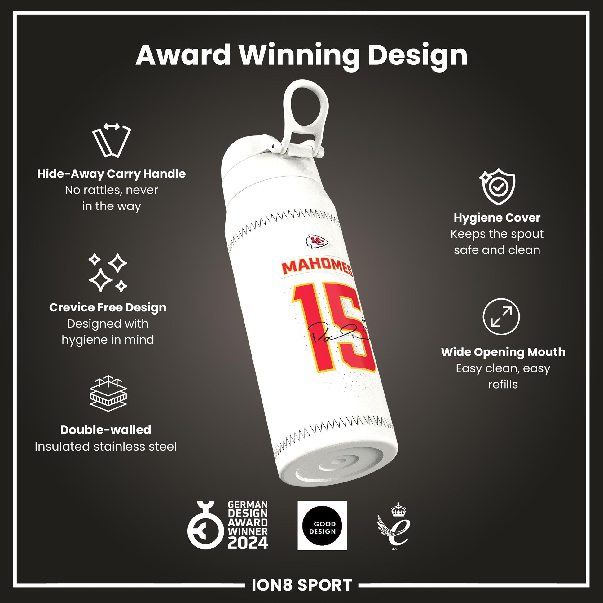 NFL x Ion8 Sports, Insulated Bottle, GameDay Series, Mahomes Chiefs, 750ml (24oz)