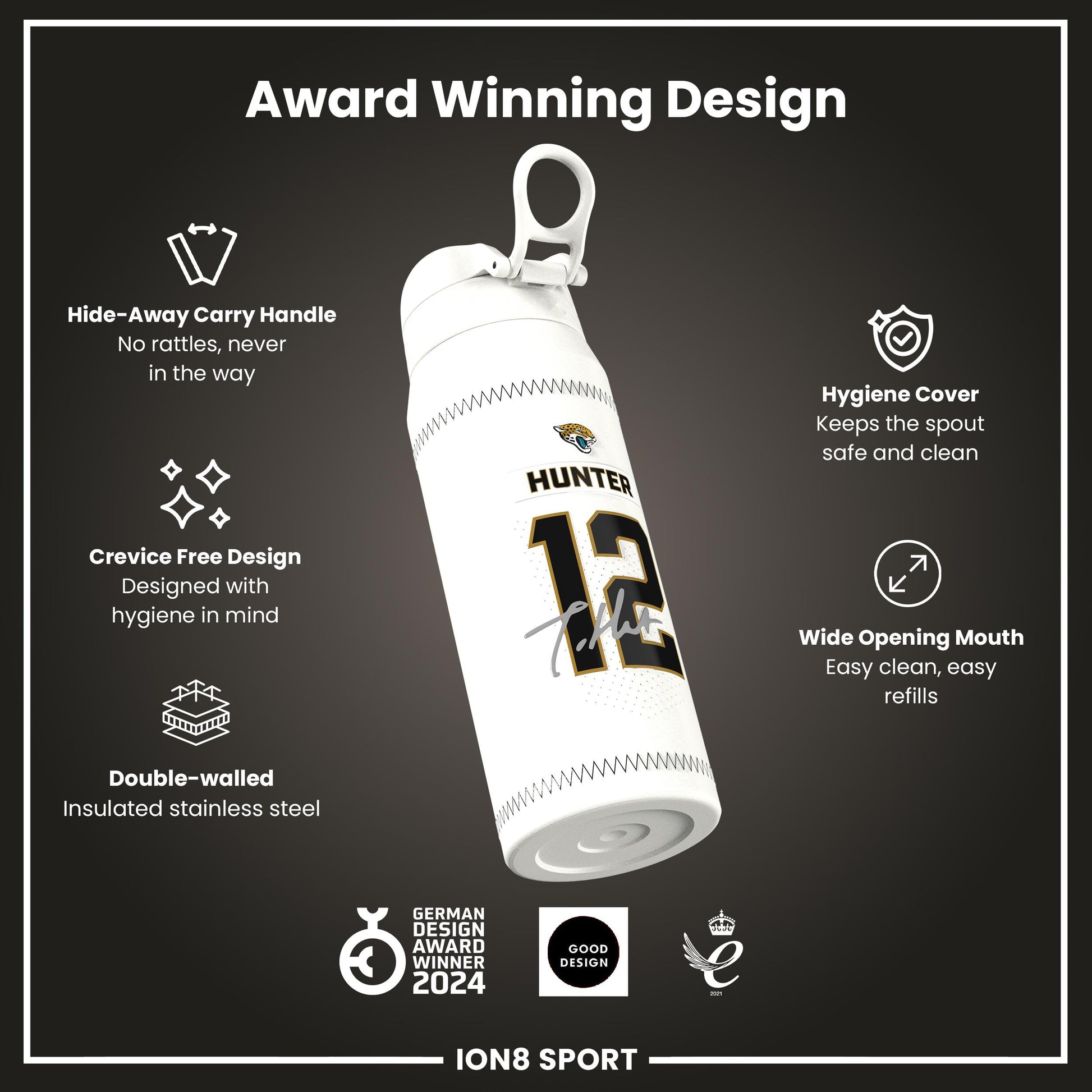 NFL x Ion8 Sports, Insulated Bottle, GameDay Series, Hunter Jaguars, 750ml (24oz)