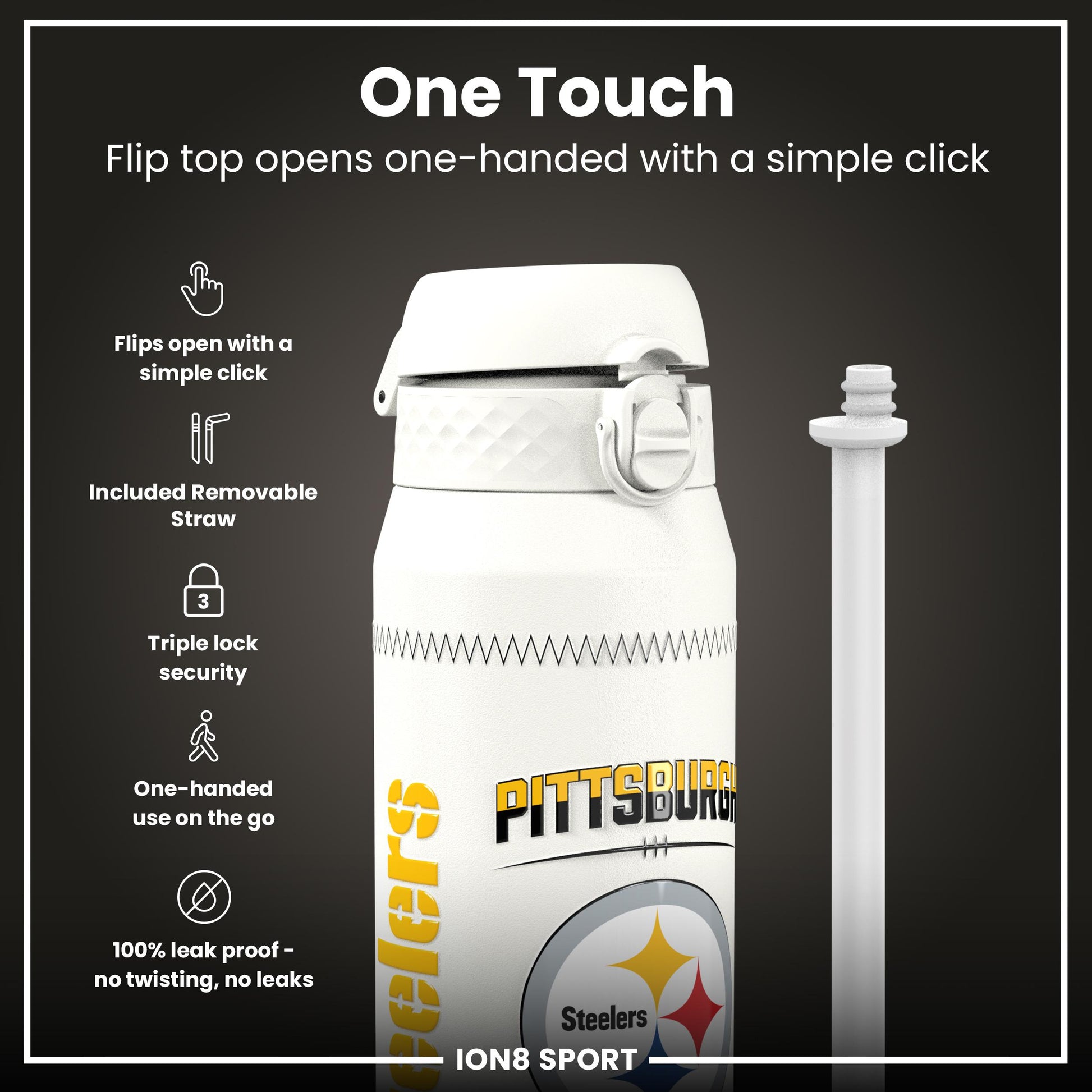 NFL x Ion8 Sports, Insulated Bottle, GameDay Series, Watt Steelers, 750ml (24oz)