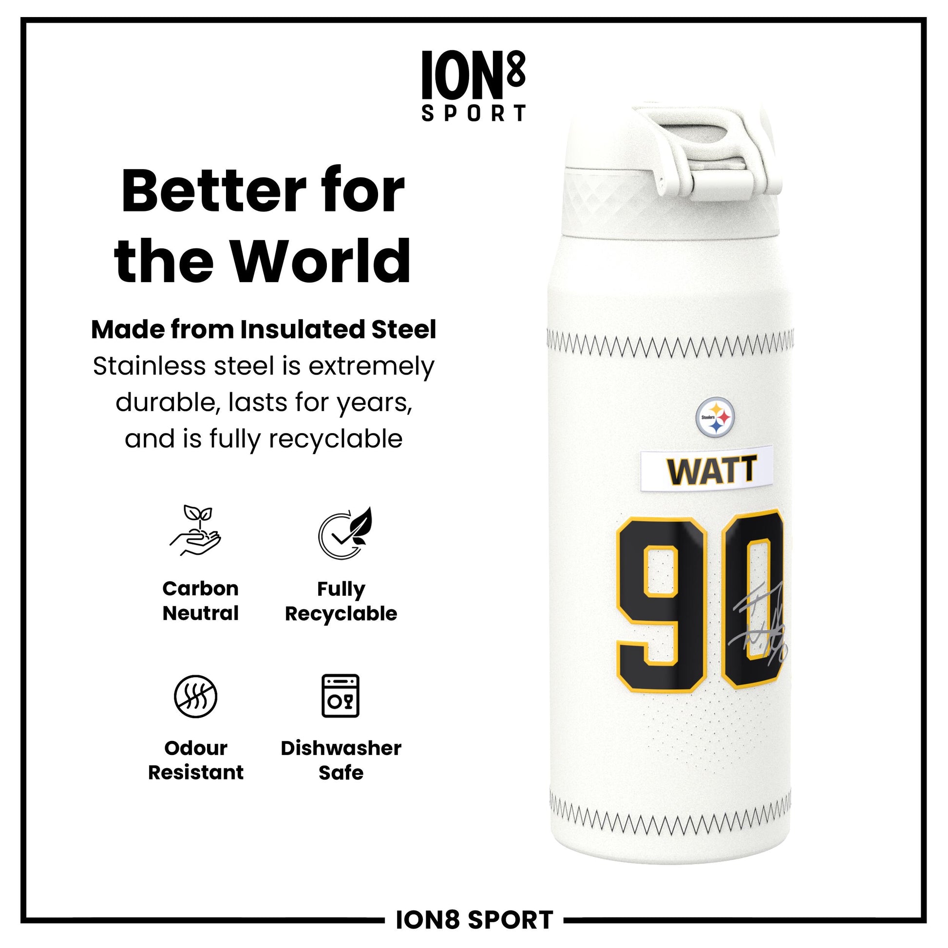 NFL x Ion8 Sports, Insulated Bottle, GameDay Series, Watt Steelers, 750ml (24oz)