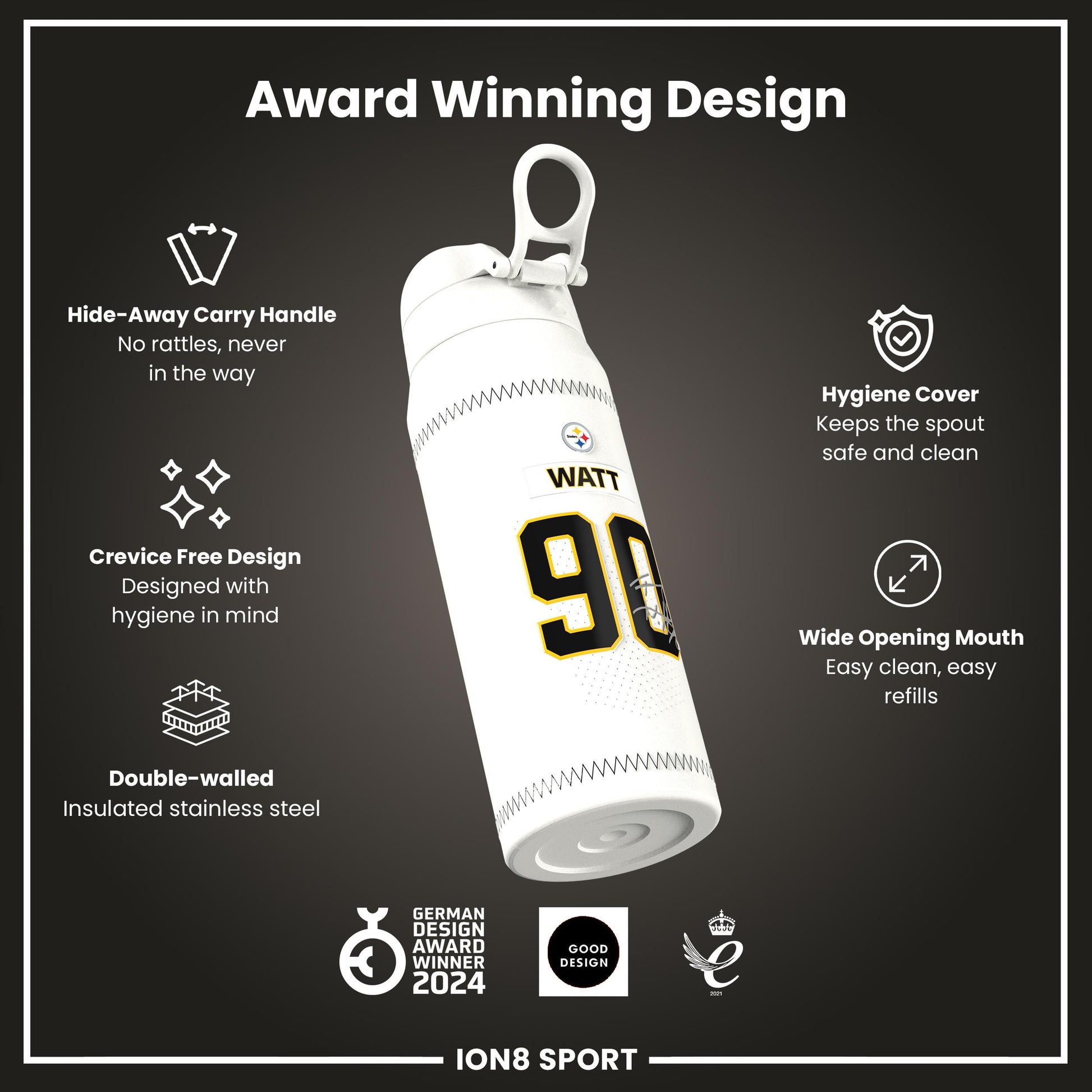 NFL x Ion8 Sports, Insulated Bottle, GameDay Series, Watt Steelers, 750ml (24oz)