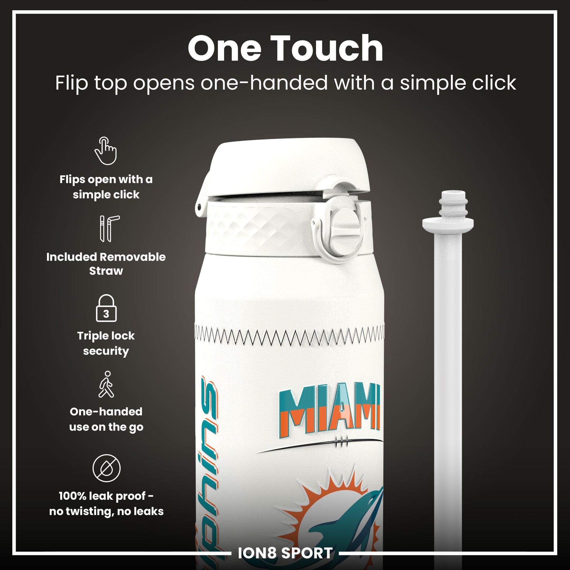 NFL x Ion8 Sports, Insulated Bottle, GameDay Series, Tua Dolphins, 750ml (24oz)