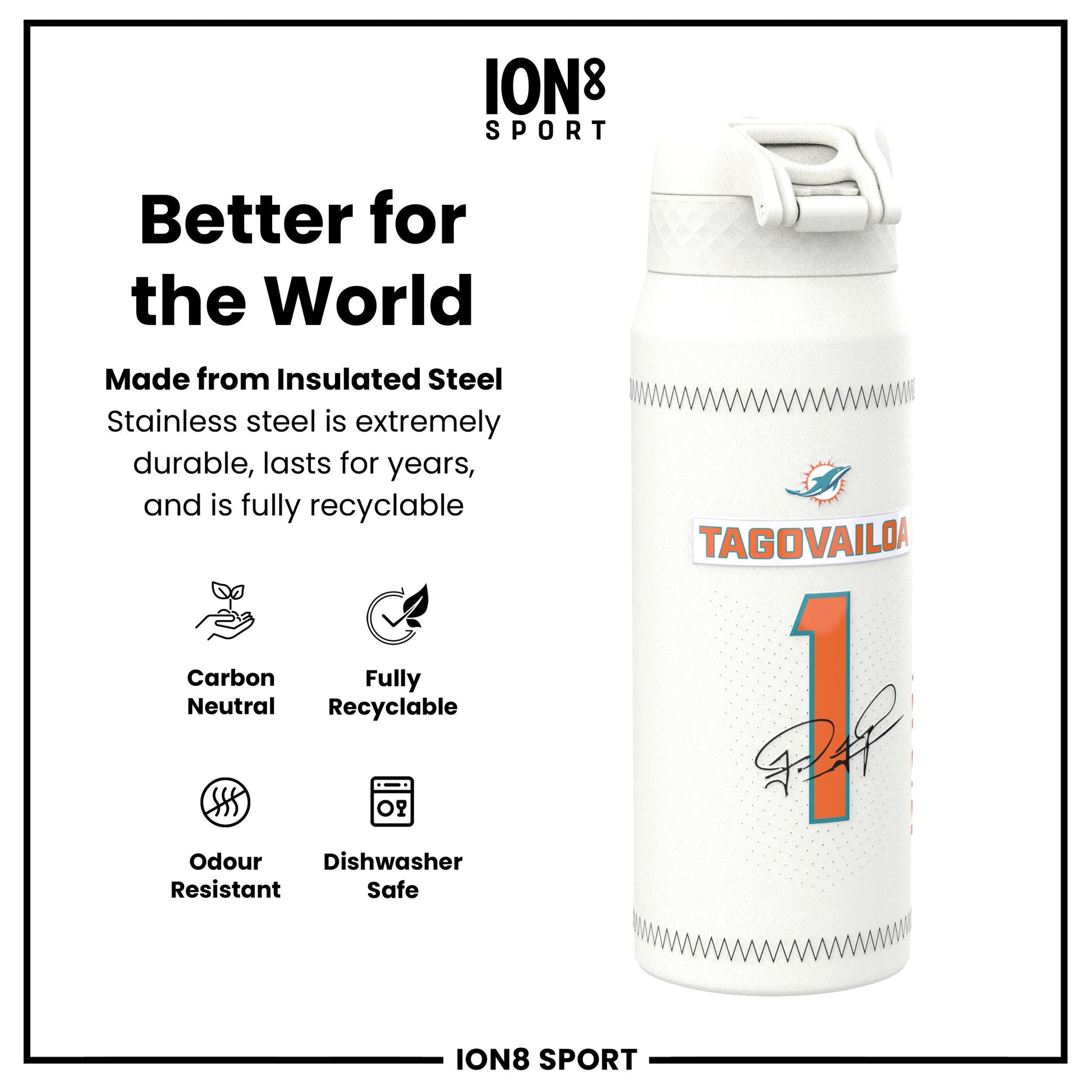 NFL x Ion8 Sports, Insulated Bottle, GameDay Series, Tua Dolphins, 750ml (24oz)