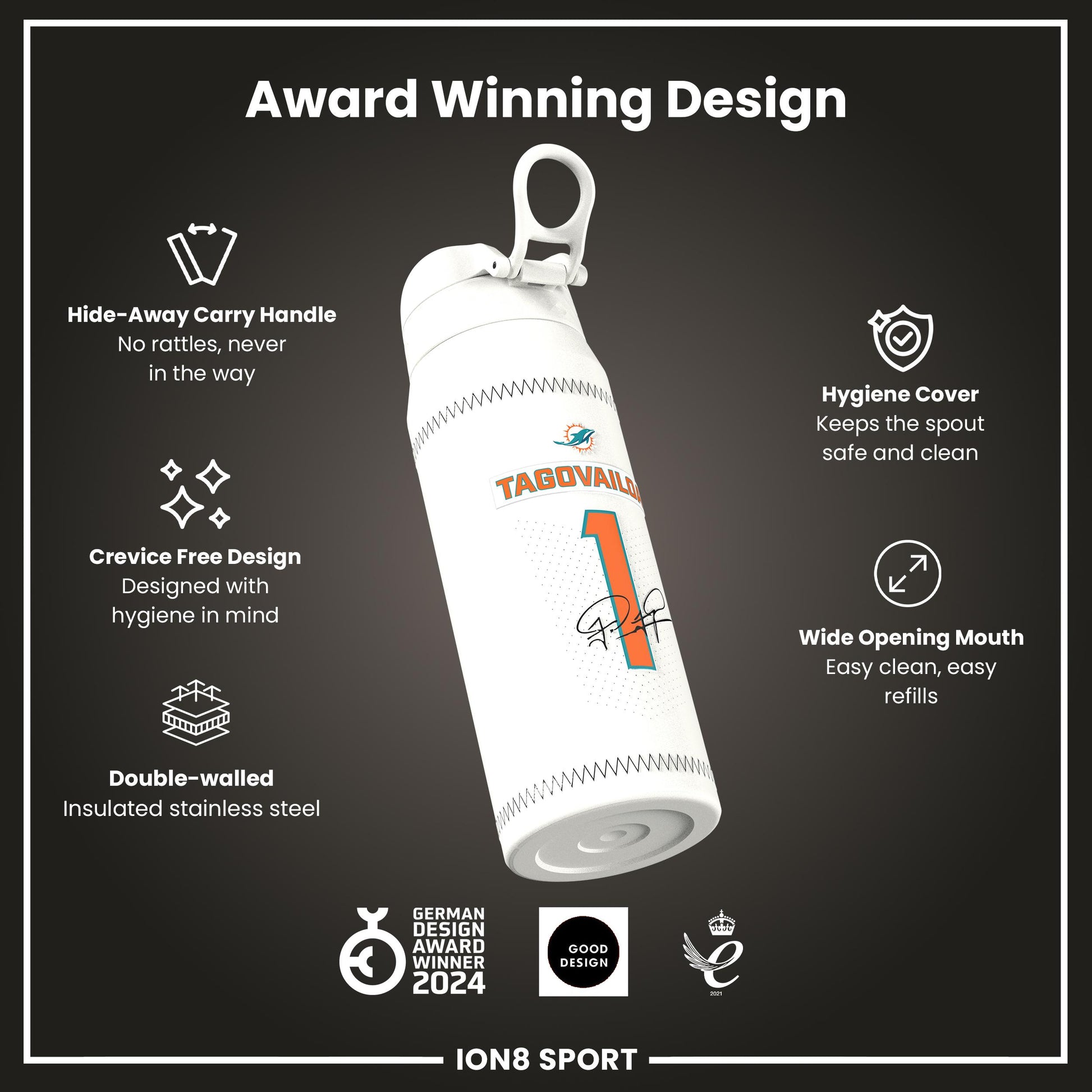 NFL x Ion8 Sports, Insulated Bottle, GameDay Series, Tua Dolphins, 750ml (24oz)