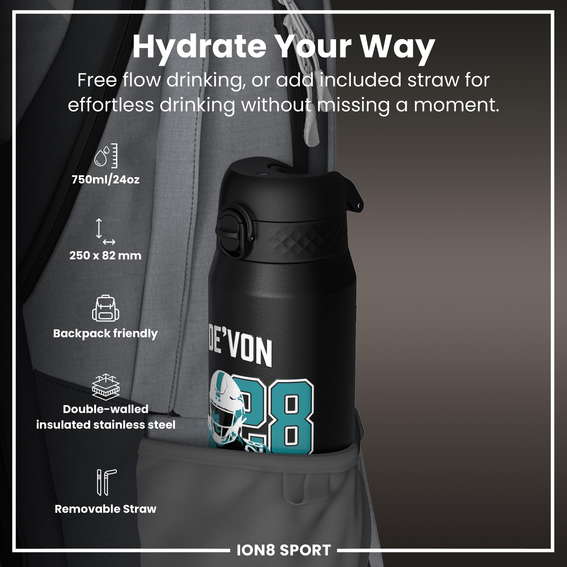 NFL x Ion8 Sports, Insulated Bottle, Locked In Series, De'von Achane, 750ml (24oz)