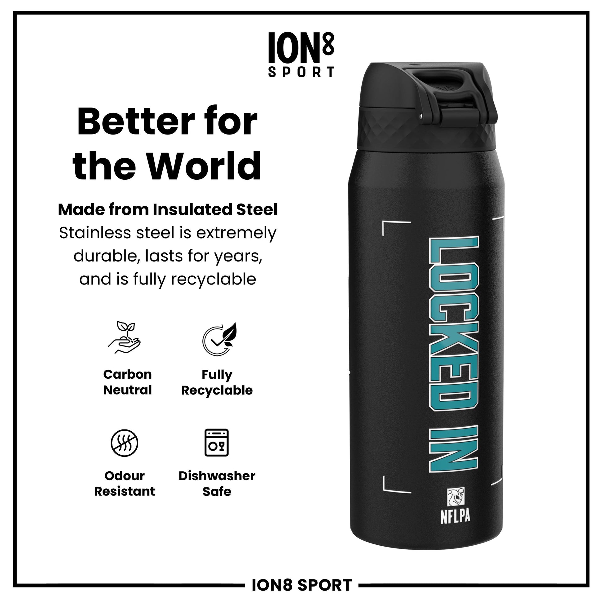 NFL x Ion8 Sports, Insulated Bottle, Locked In Series, De'von Achane, 750ml (24oz)