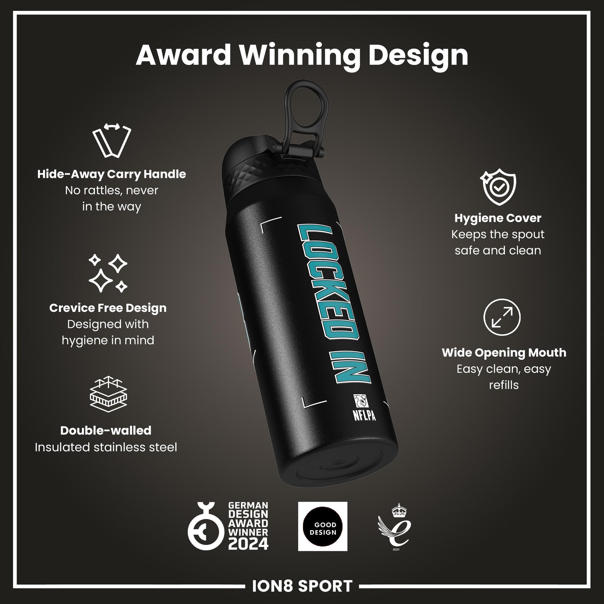 NFL x Ion8 Sports, Insulated Bottle, Locked In Series, De'von Achane, 750ml (24oz)
