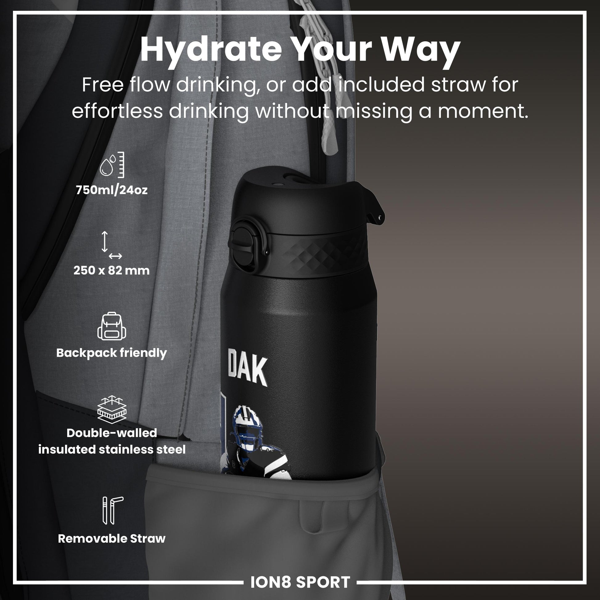 NFL x Ion8 Sports, Insulated Bottle, Locked In Series, Dak Prescott, 750ml (24oz)