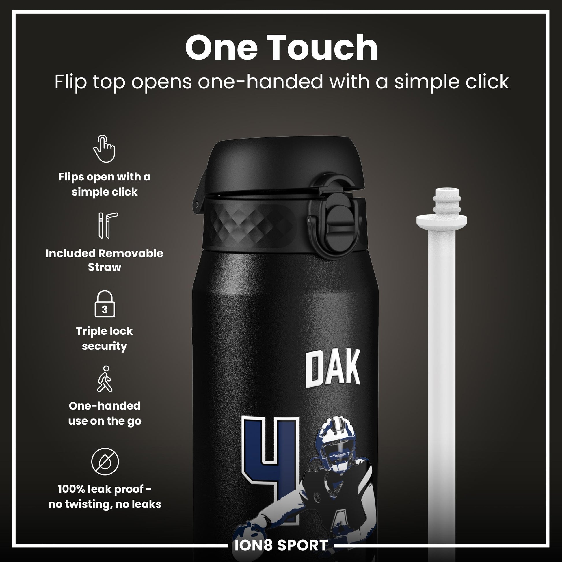 NFL x Ion8 Sports, Insulated Bottle, Locked In Series, Dak Prescott, 750ml (24oz)