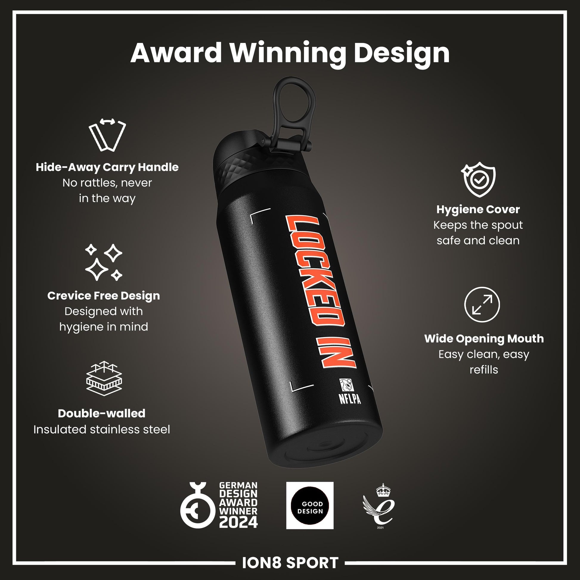 NFL x Ion8 Sports, Insulated Bottle, Locked In Series, Joe Burrow, 750ml (24oz)