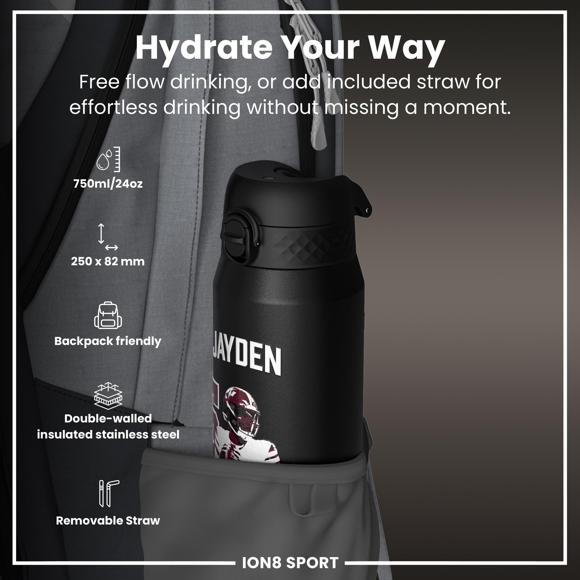 NFL x Ion8 Sports, Insulated Bottle, Locked In Series, Jayden Daniels, 750ml (24oz)