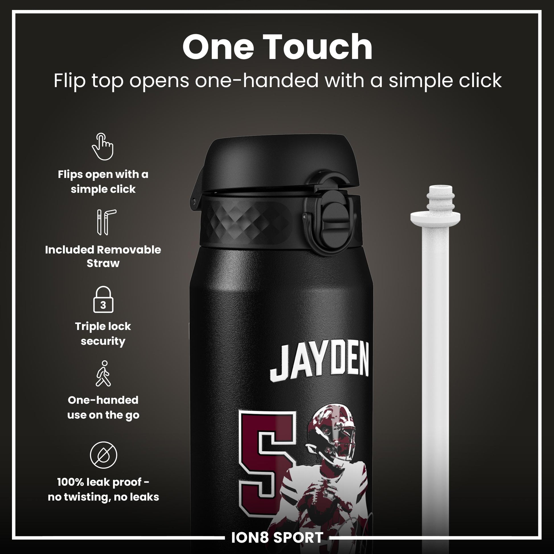 NFL x Ion8 Sports, Insulated Bottle, Locked In Series, Jayden Daniels, 750ml (24oz)