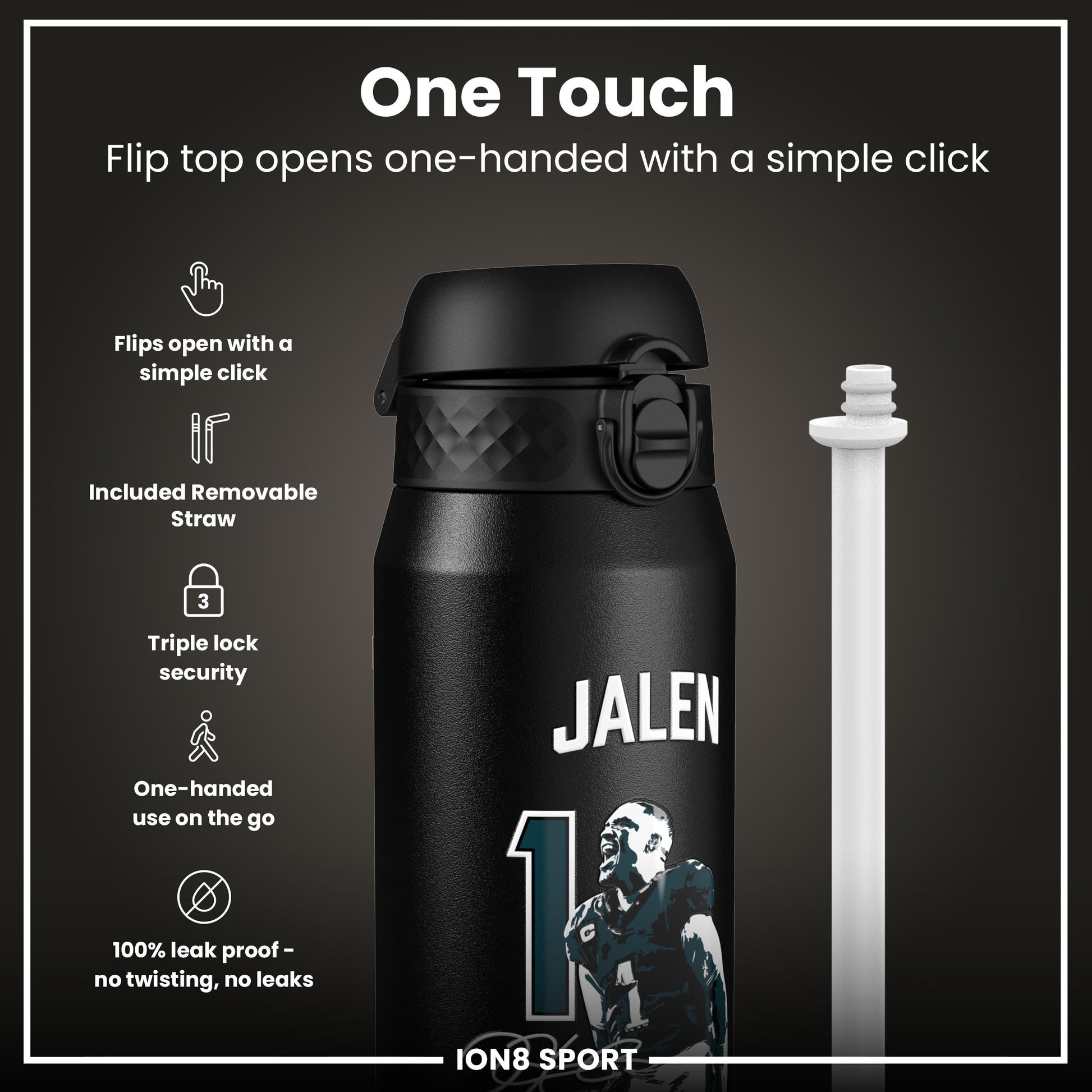 NFL x Ion8 Sports, Insulated Bottle, Locked In Series, Jalen Hurts, 750ml (24oz)