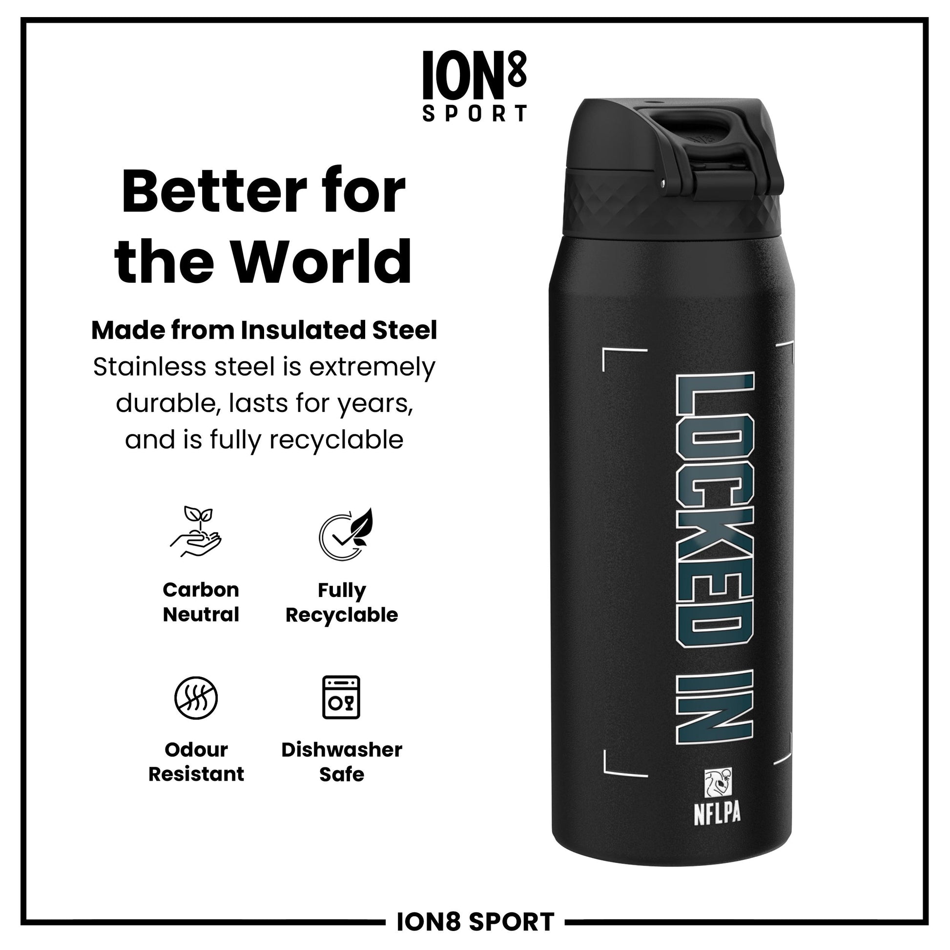 NFL x Ion8 Sports, Insulated Bottle, Locked In Series, Jalen Hurts, 750ml (24oz)
