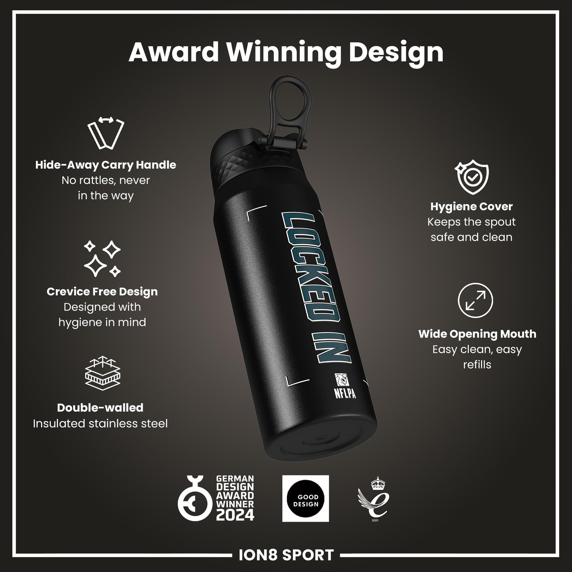 NFL x Ion8 Sports, Insulated Bottle, Locked In Series, Jalen Hurts, 750ml (24oz)