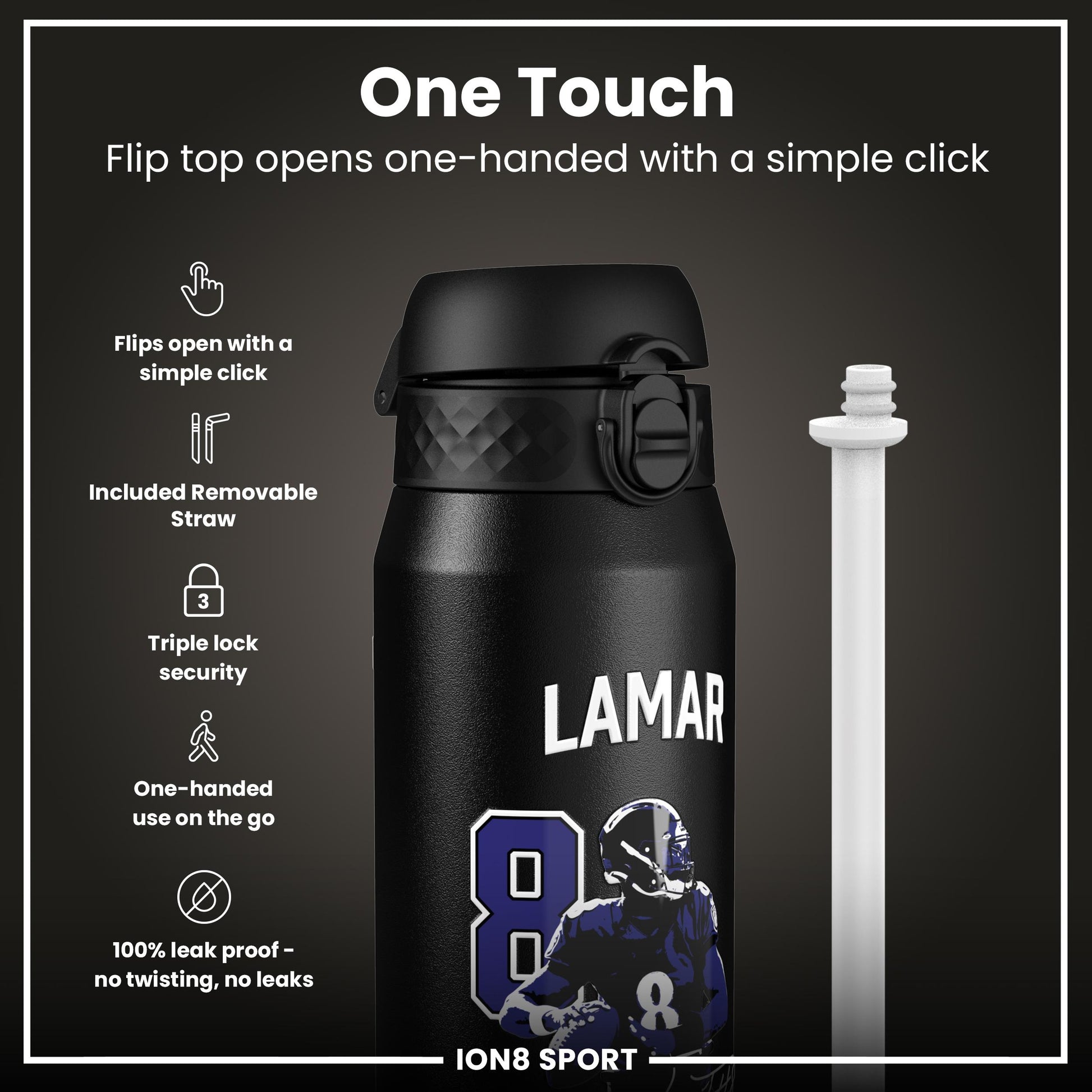 NFL x Ion8 Sports, Insulated Bottle, Locked In Series, Lamar Jackson, 750ml (24oz)