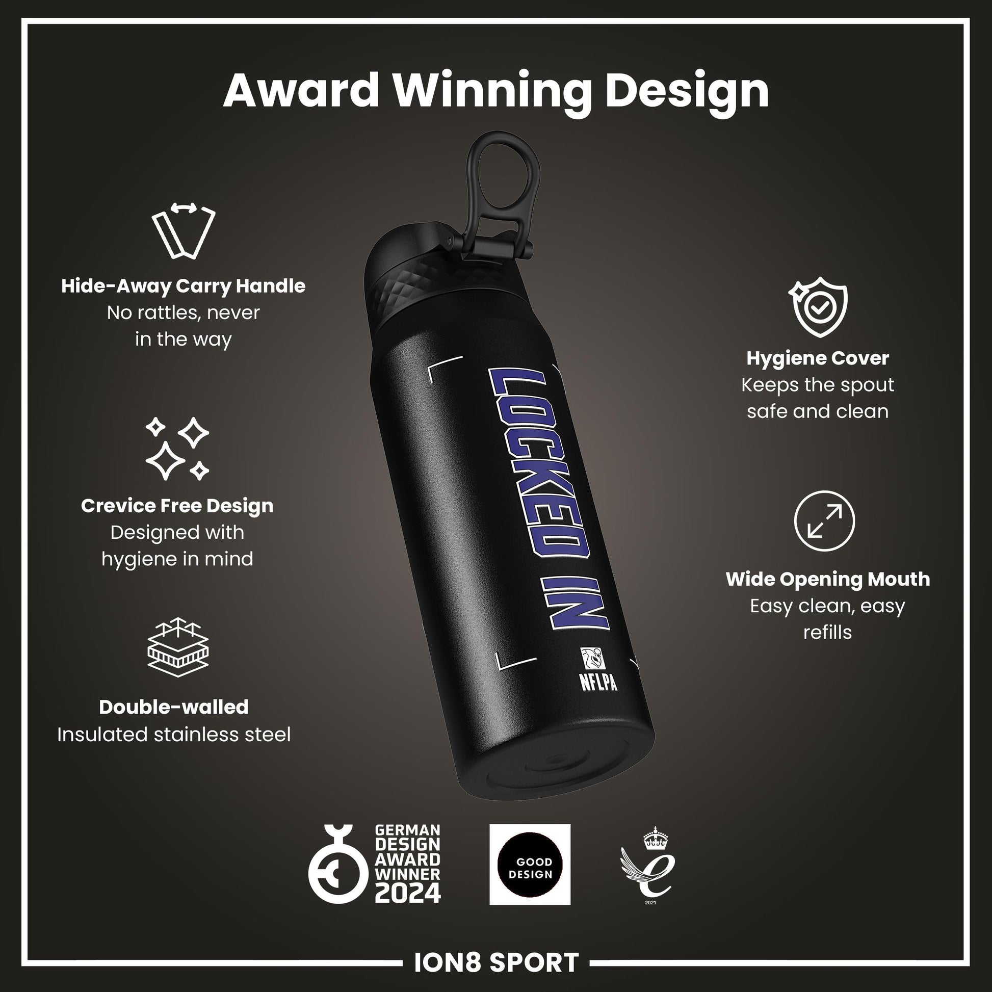 NFL x Ion8 Sports, Insulated Bottle, Locked In Series, Lamar Jackson, 750ml (24oz)