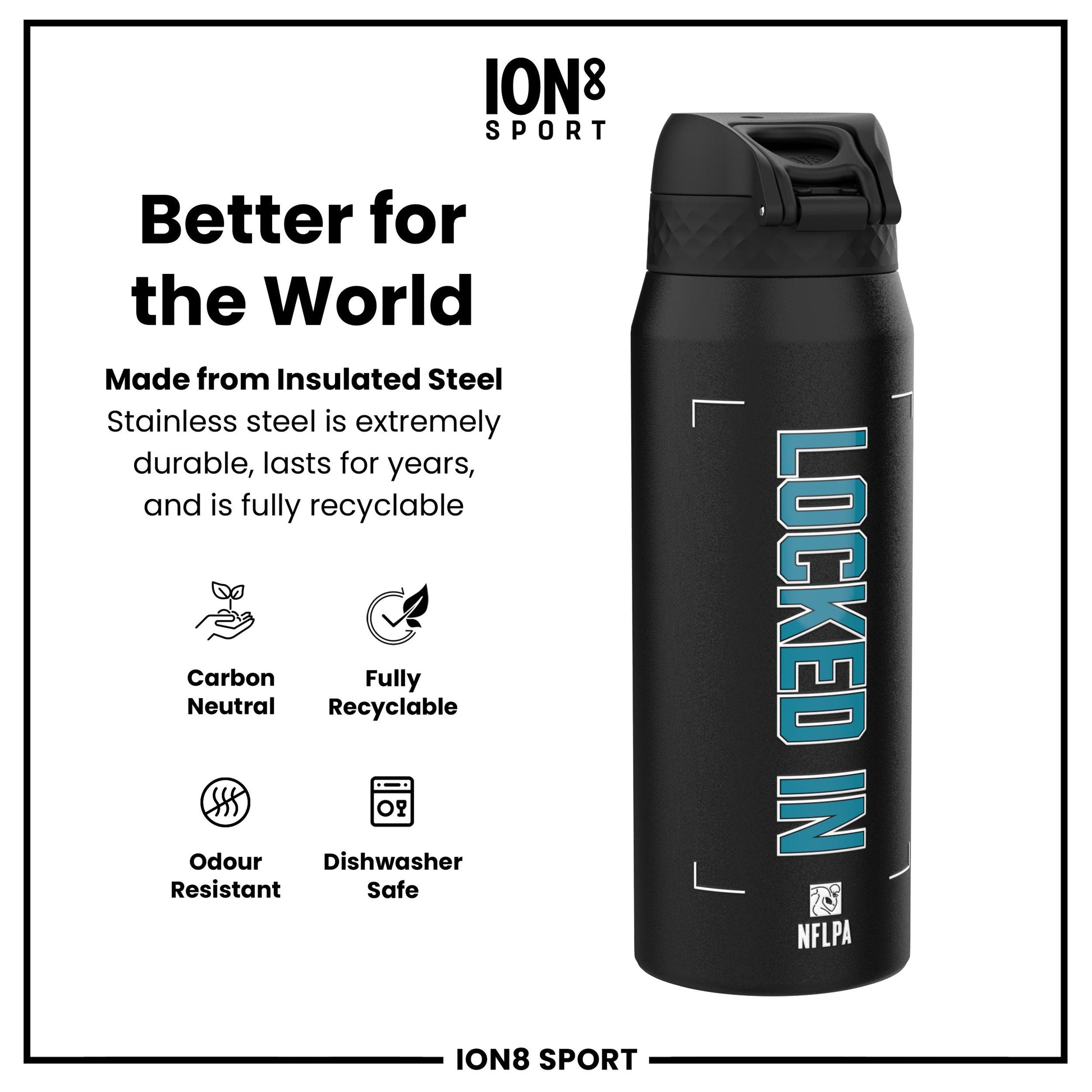 NFL x Ion8 Sports, Insulated Bottle, Locked In Series, Ress-Zammit, 750ml (24oz)