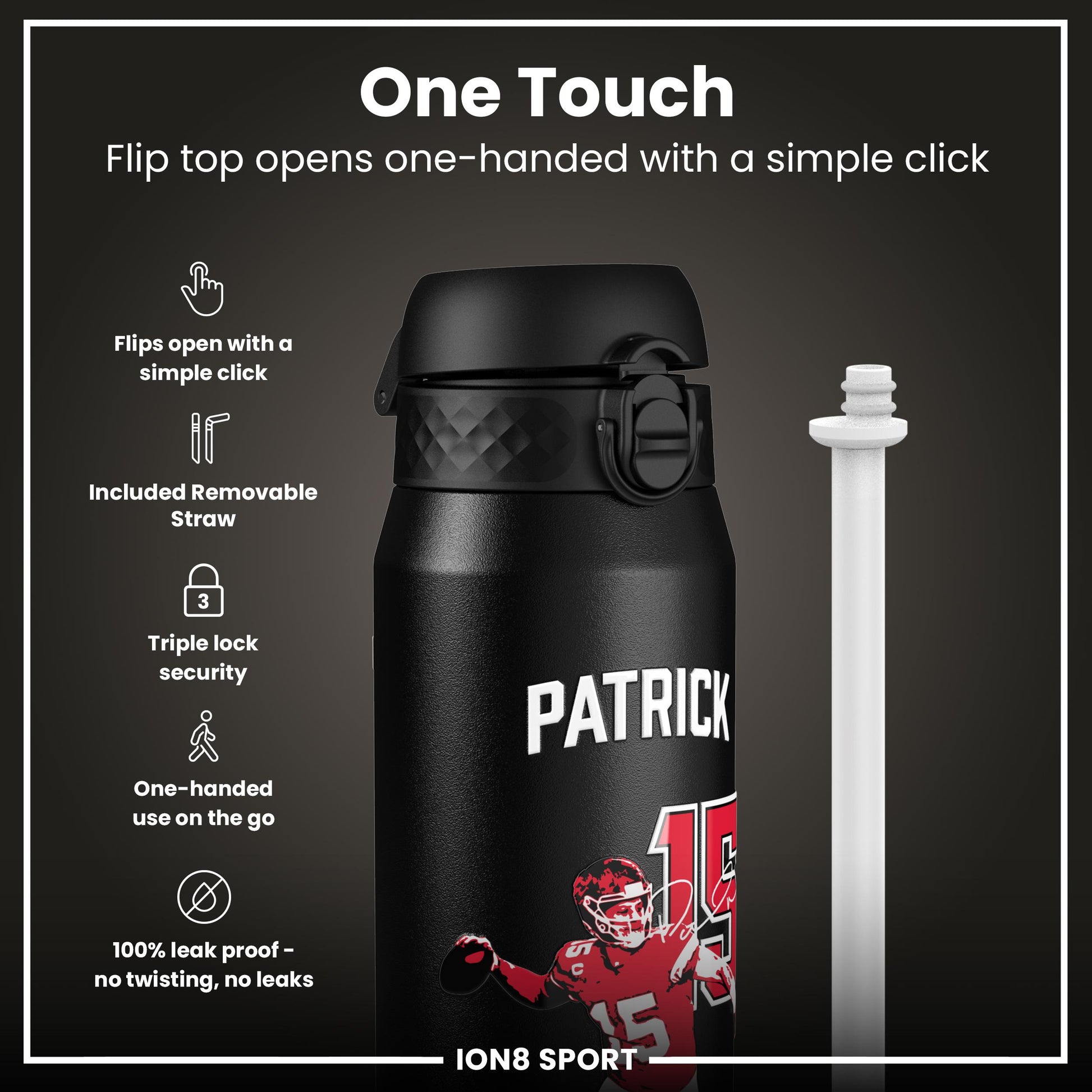 NFL x Ion8 Sports, Insulated Bottle, Locked In Series, Patrick Mahomes, 750ml (24oz)