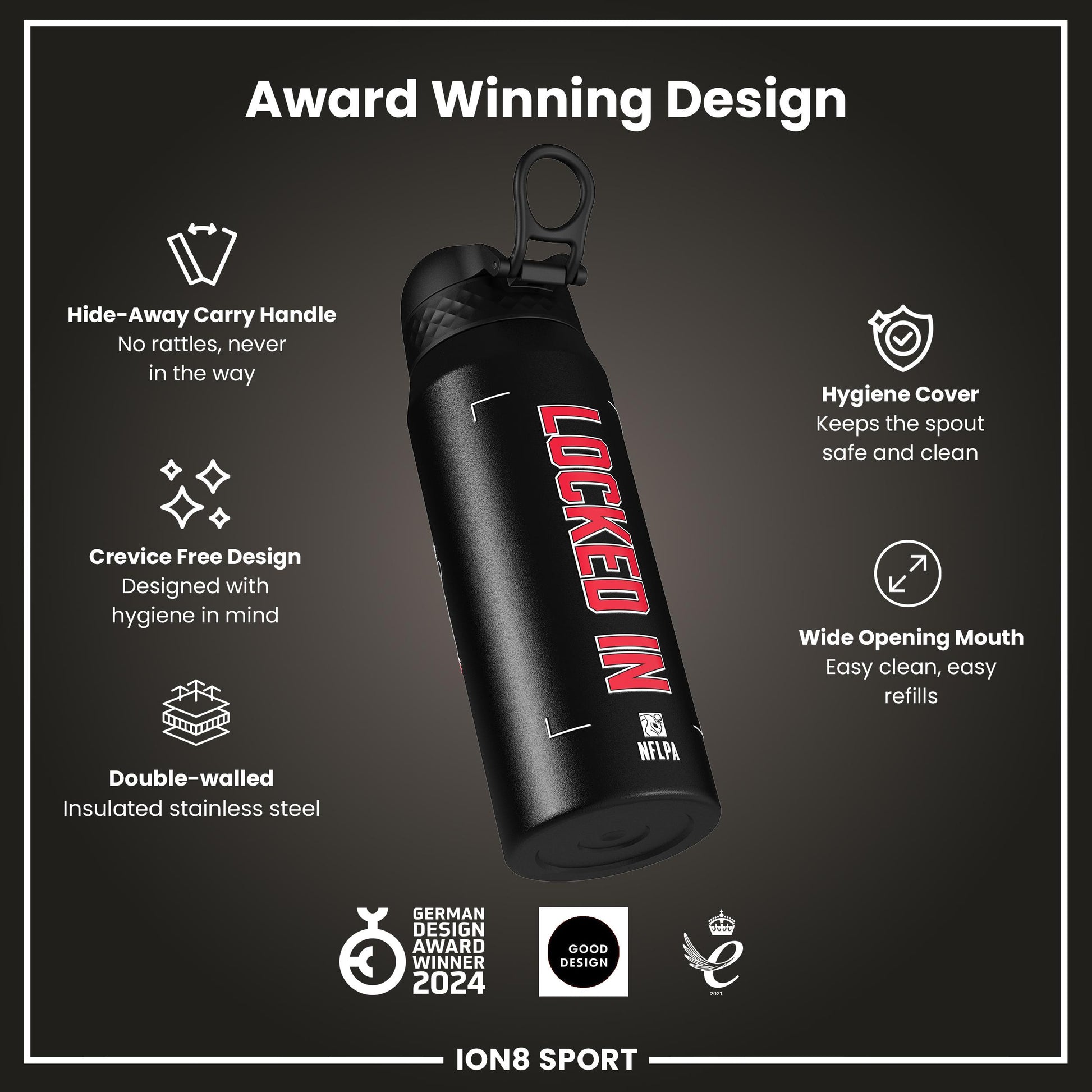NFL x Ion8 Sports, Insulated Bottle, Locked In Series, Patrick Mahomes, 750ml (24oz)