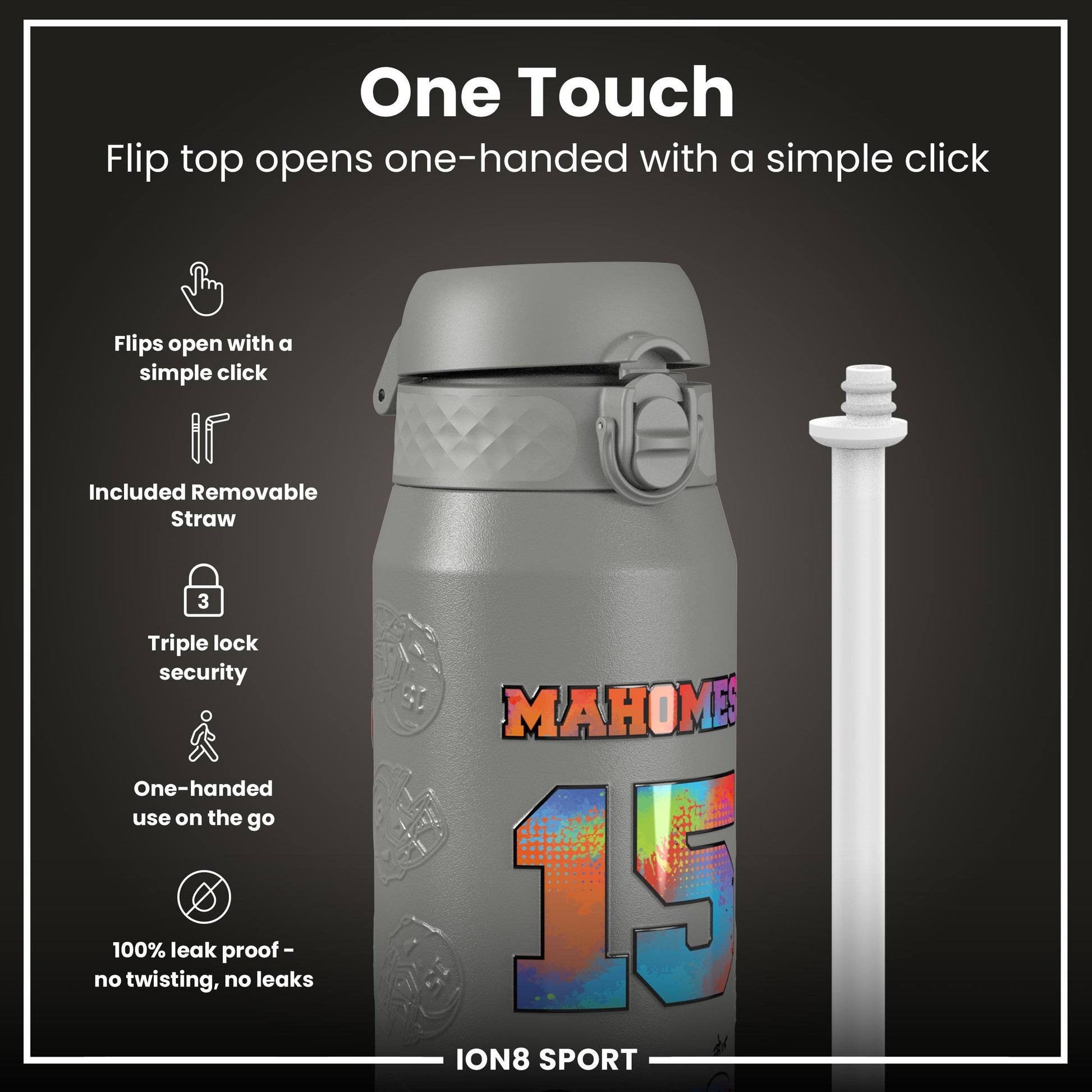 NFL x Ion8 Sports, Insulated Bottle, Signature Series, Patrick Mahomes, 750ml (24oz)