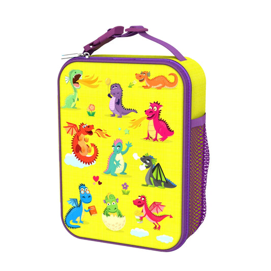 Lunchbox featuring colorful cartoon dragons engaging in various playful activities like breathing fire and reading against a bright yellow background adorned with flowers and clouds equipped with a purple handle and mesh pocket.